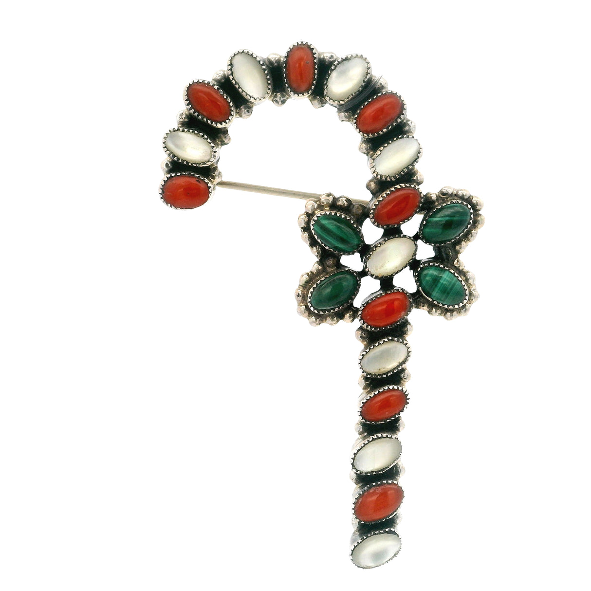 Candy Cane With Bow Brooch Mother Of Pearl & Coral Candy Cane With Malachite Bow Broach With Silver Beaded Edge