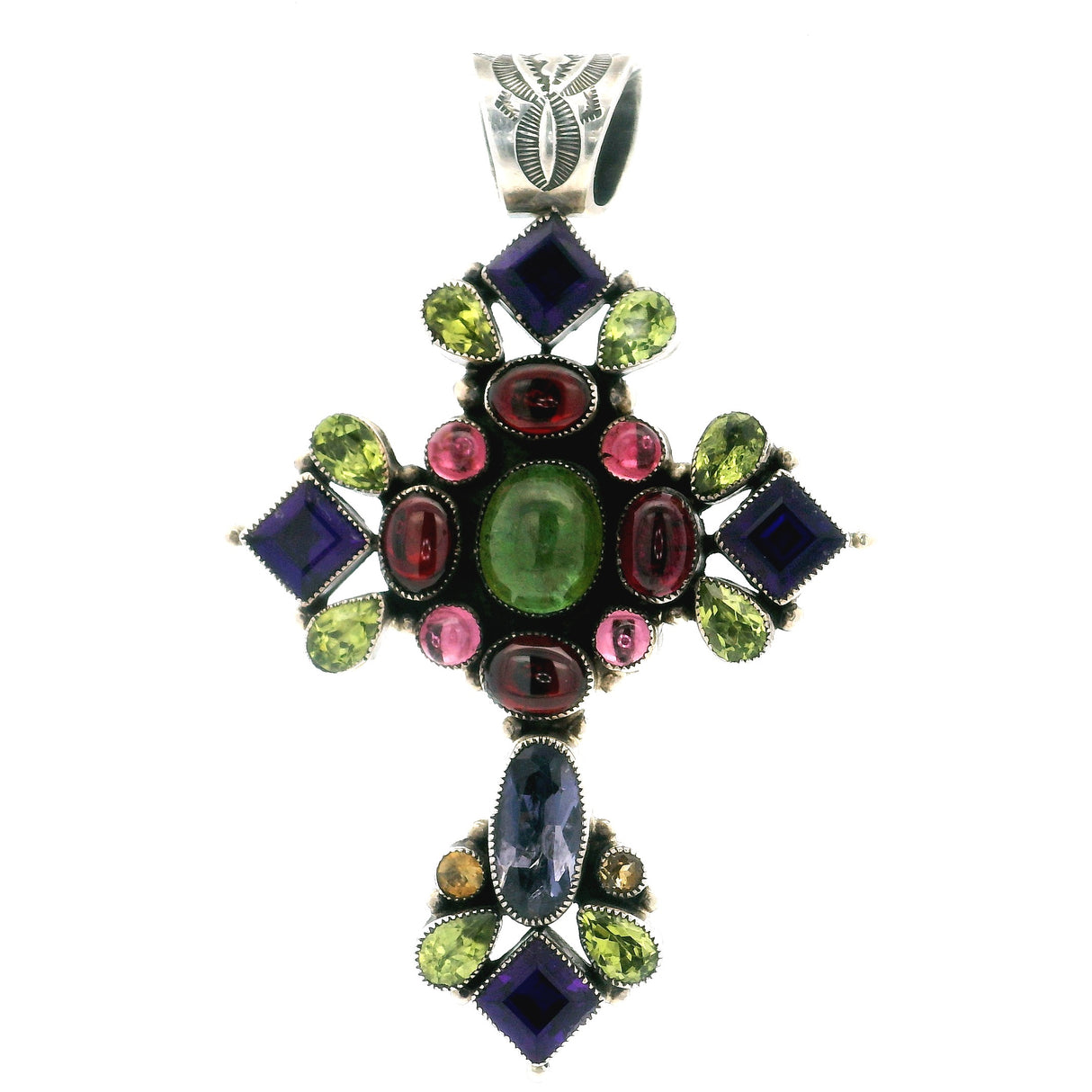 Multi Gemstone Cross Pendant With Simple Silver Beading & Scalloped Bezels With Stamped Bail