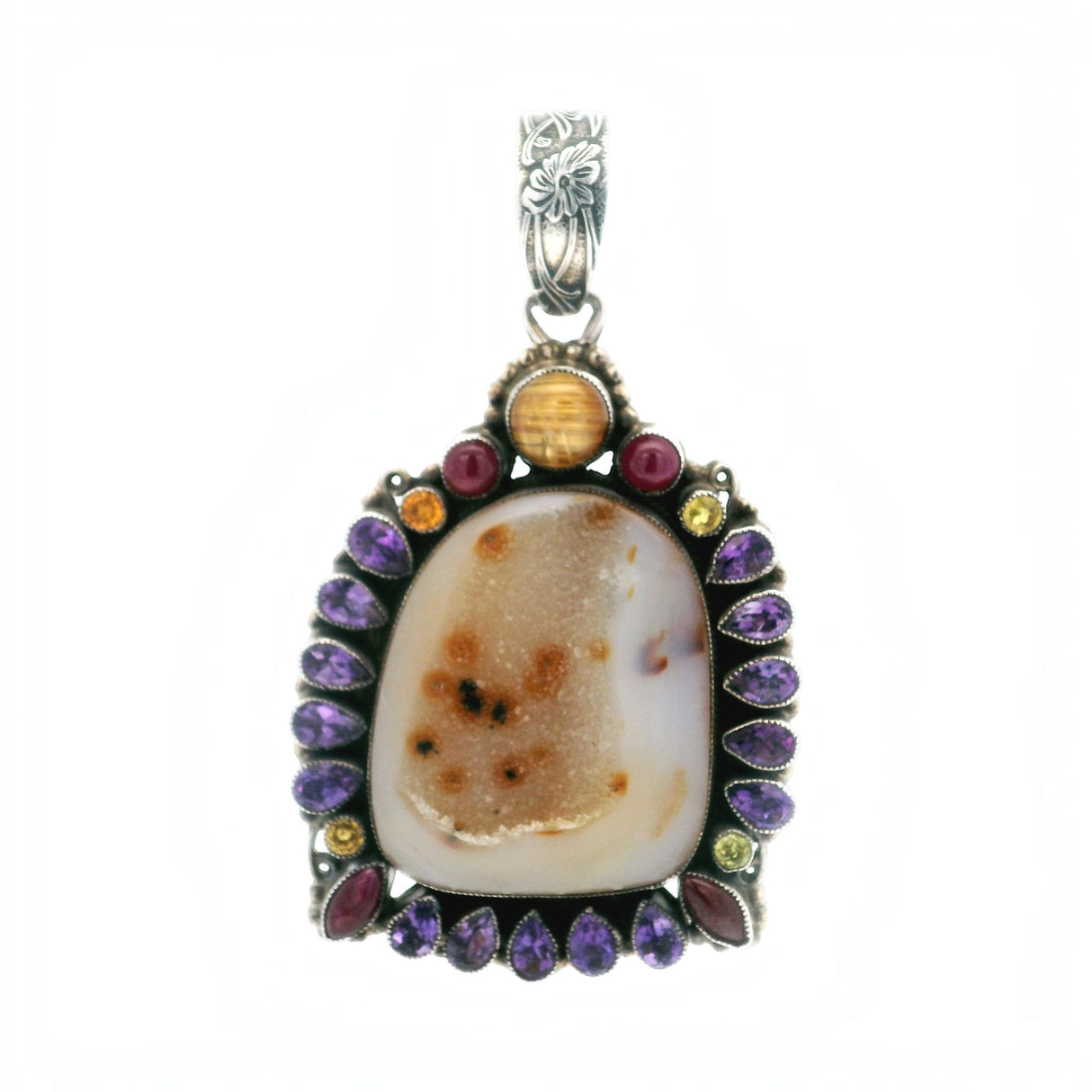 Leo Feeney Druze Pendant - Amber with Black Dots, Cats Eye, Golden Rutile, Yellow Sapphire, Ruby & Amethyst