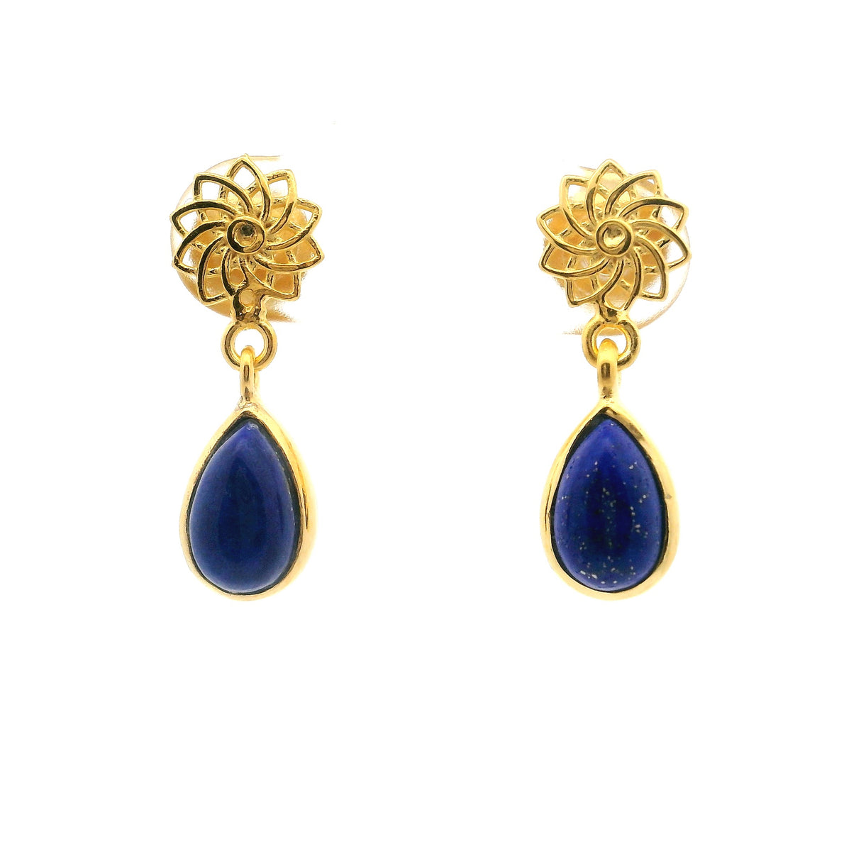 Lapis Lazuli Pear Dangle Earrings with Ornate Flower with Gold Overlay Bezel Set over 925 Sterling Silver