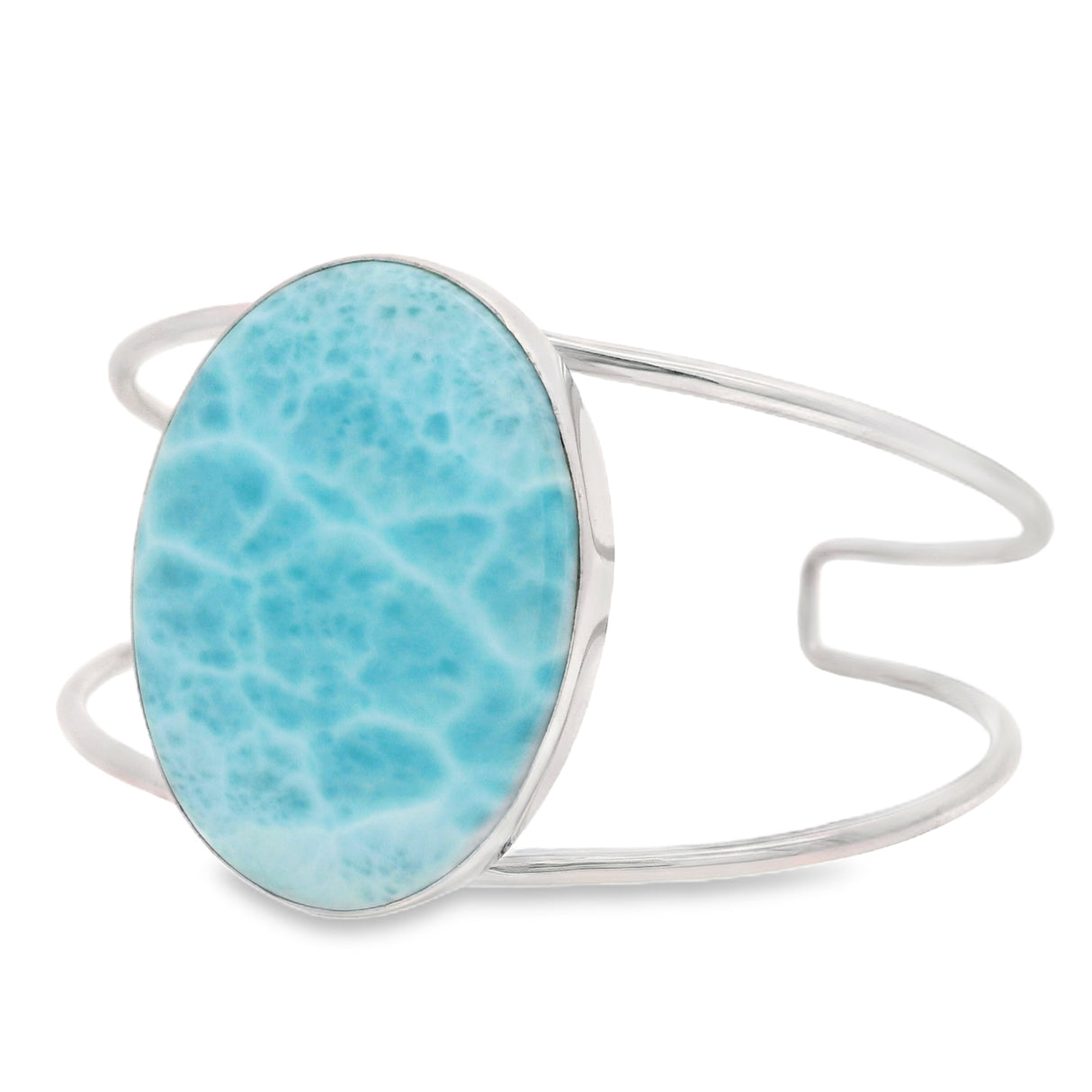 Larimar Classic Large Double Row Open Back Silver Cuff - Simple Bezel Set Polished Cabochon Oval