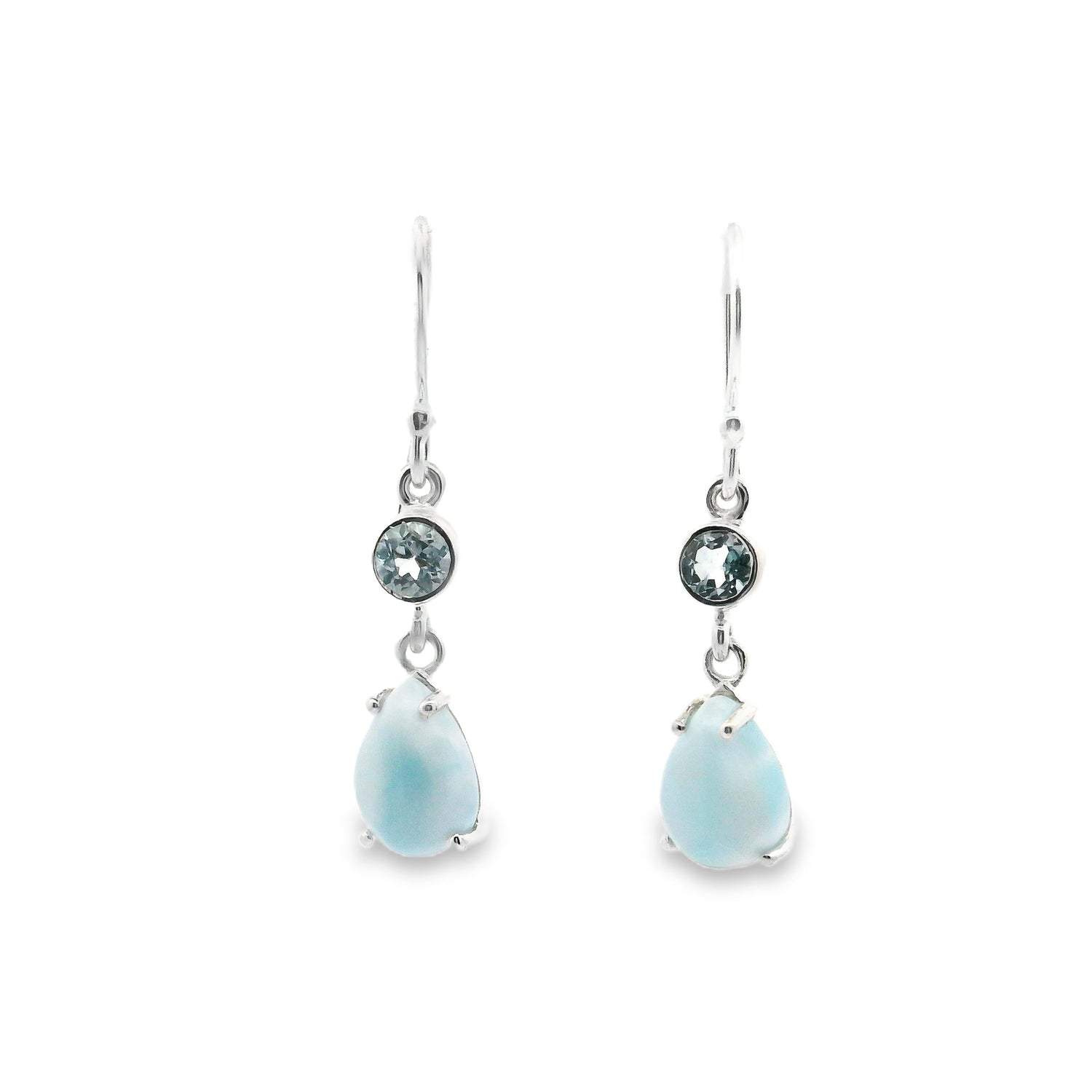 Larimar Pear Dangle Earrings Prong Set with Faceted Round Blue Topaz