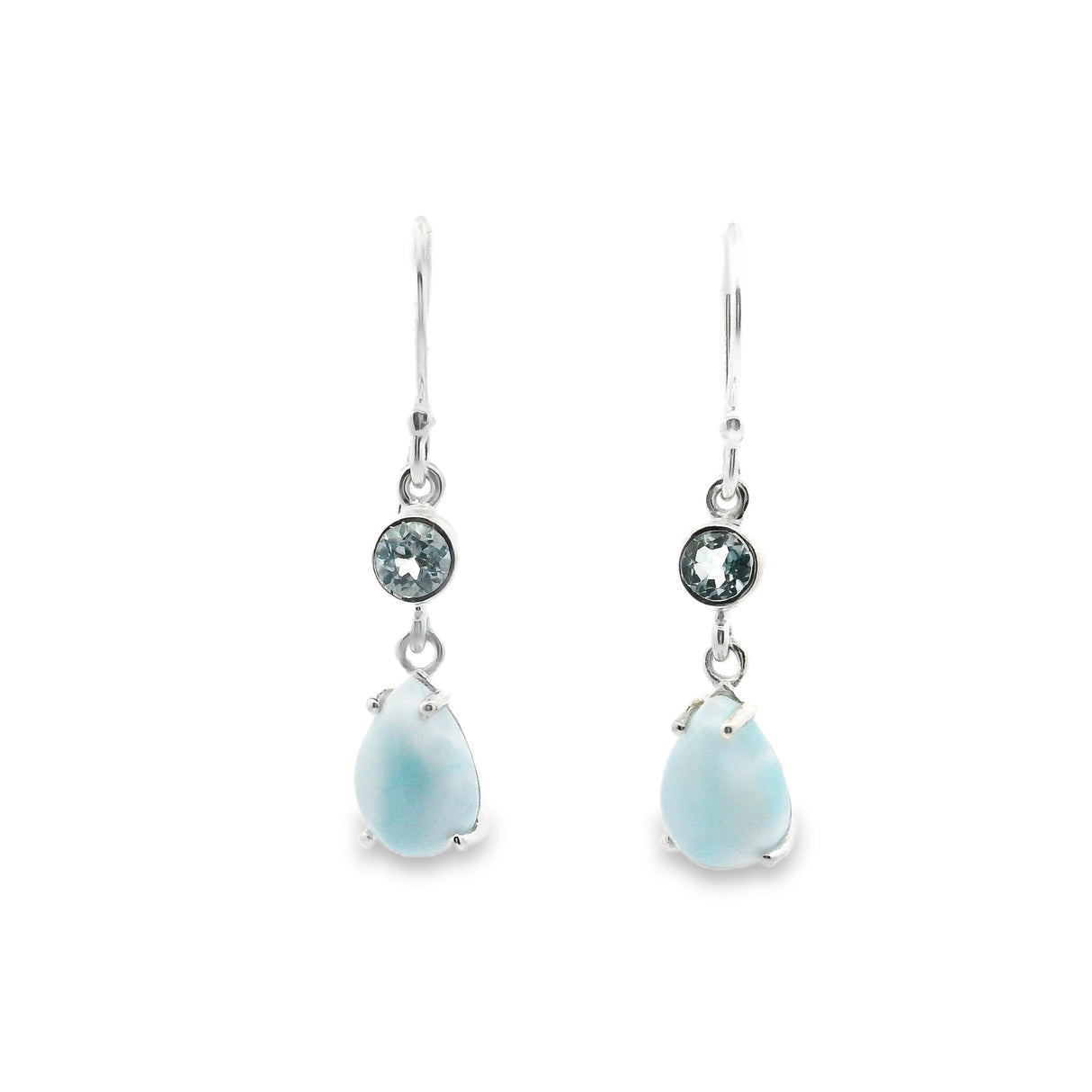 Larimar Pear Dangle Earrings Prong Set with Faceted Round Blue Topaz
