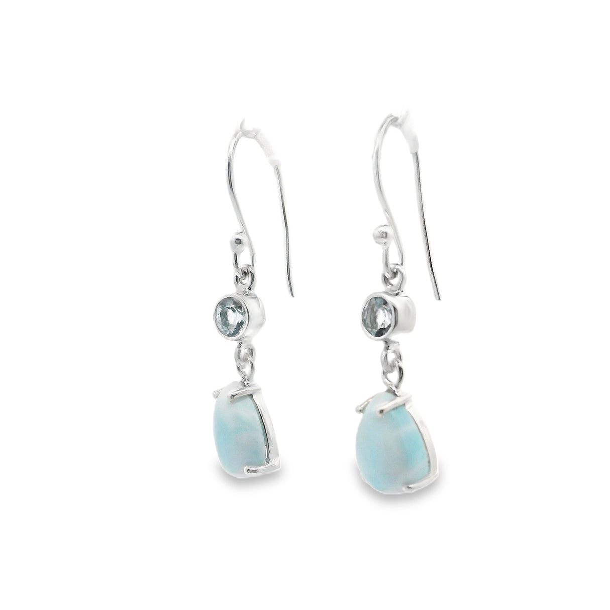 Larimar Pear Dangle Earrings Prong Set with Faceted Round Blue Topaz