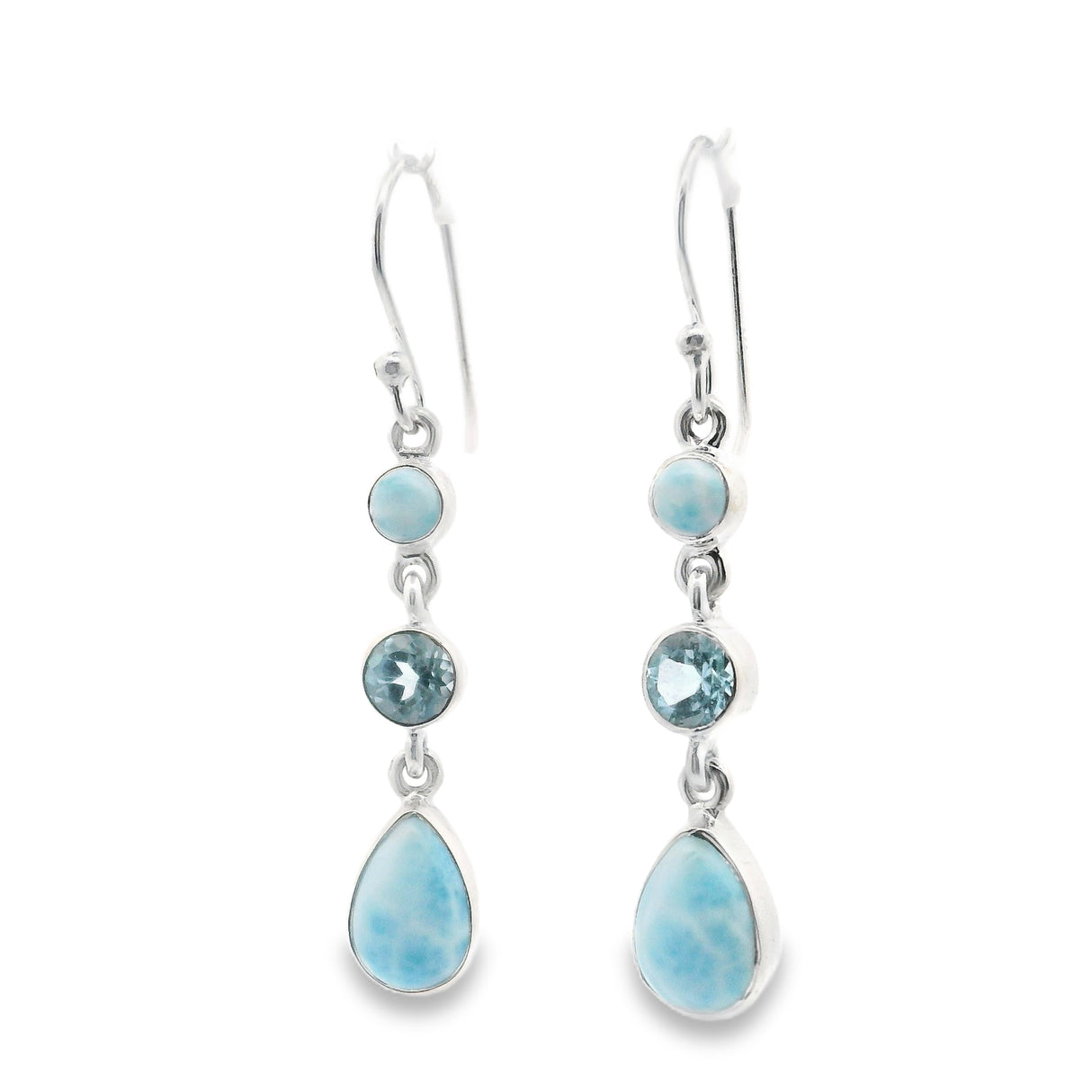 Larimar Pear & Round Dangle Earrings with Faceted Round Blue Topaz