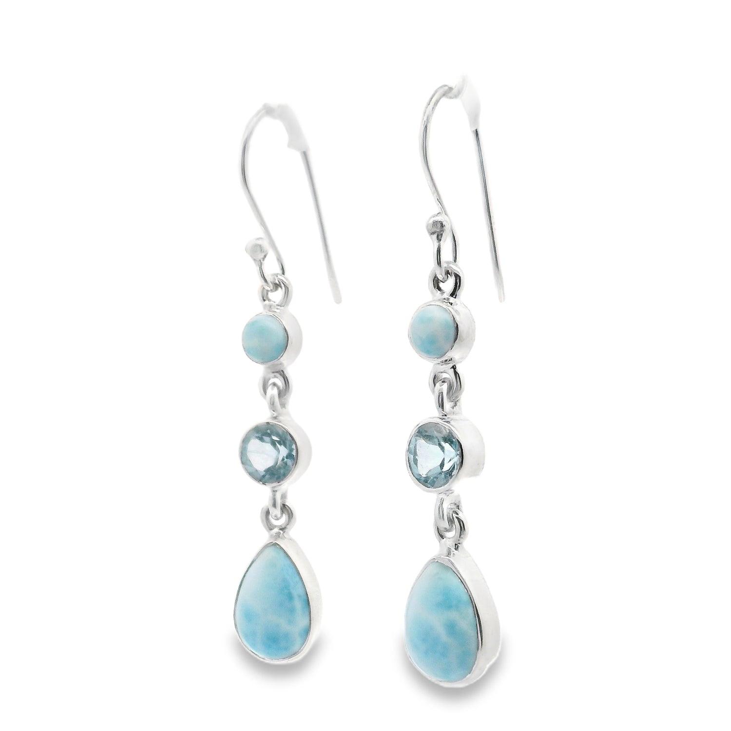Larimar Pear & Round Dangle Earrings with Faceted Round Blue Topaz