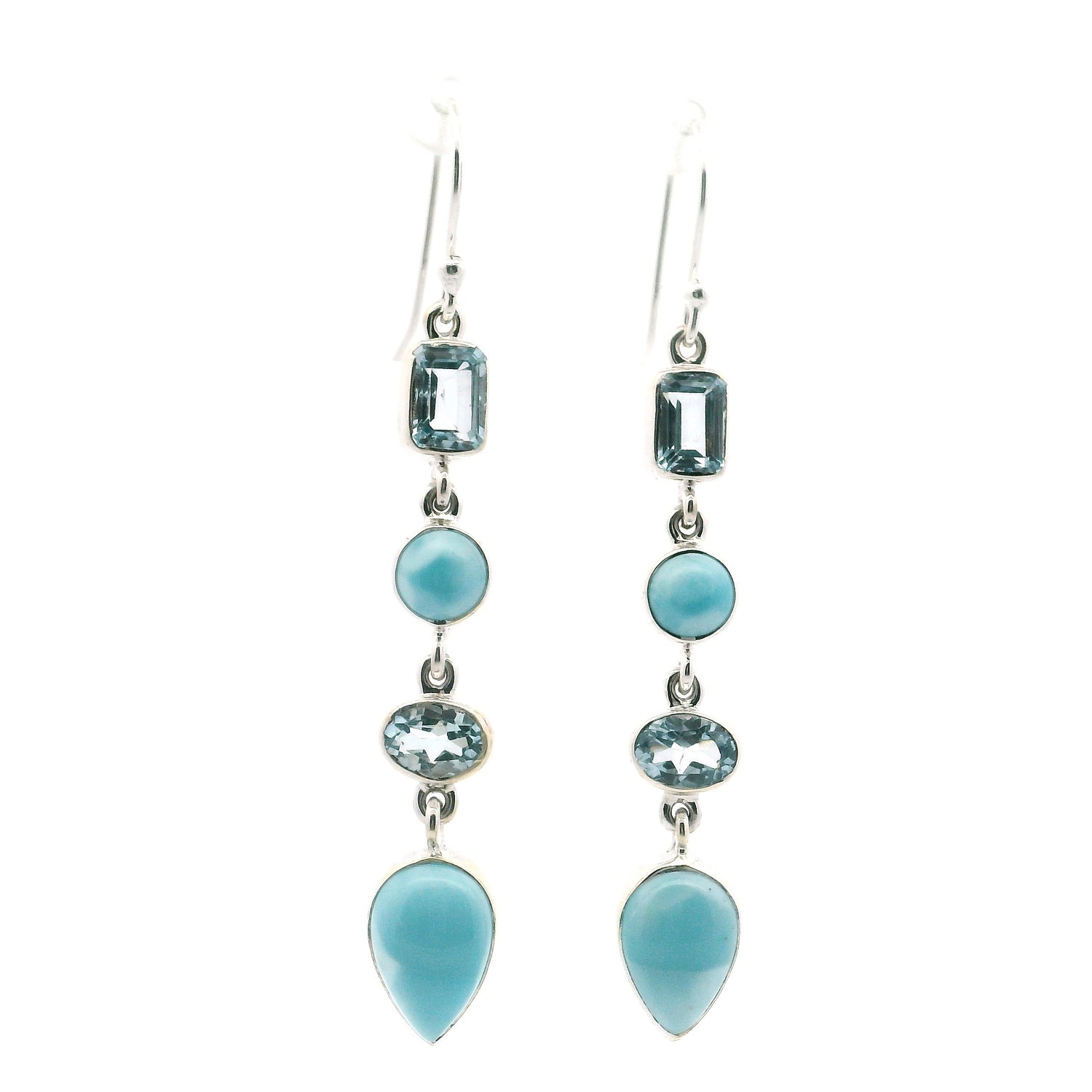 Larimar Pear & Round Dangle Earrings with Faceted Oval & Rectangle Blue Topaz