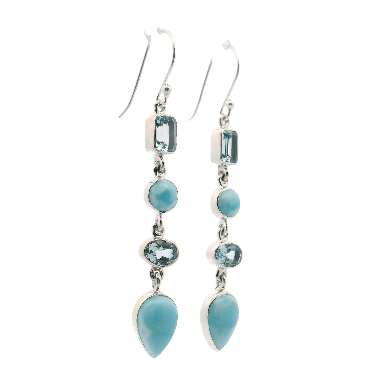 Larimar Pear & Round Dangle Earrings with Faceted Oval & Rectangle Blue Topaz