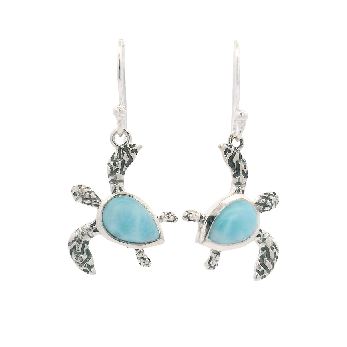 Larimar Cabochon Turtle Dangle Earrings with Teardrop Gem Shell