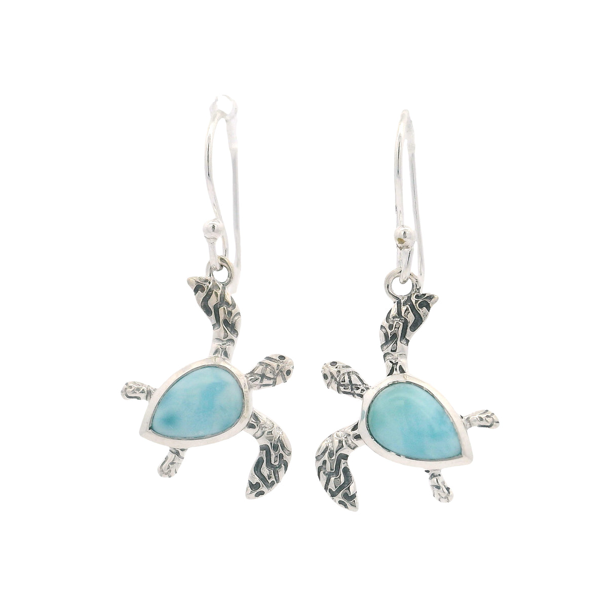 Larimar Cabochon Turtle Dangle Earrings with Teardrop Gem Shell