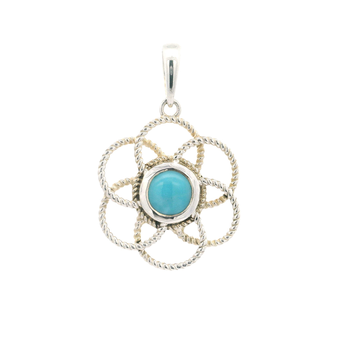 Larimar Pendant -Round Set In Rope Flower