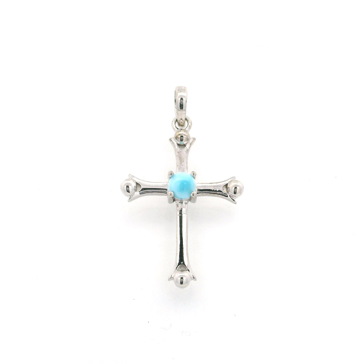 Pendentif Croix Larimar Cabochon Rond 3mm Sertissage à Griffes