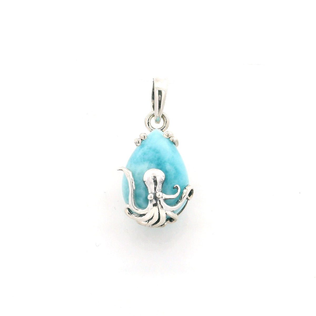 Larimar teardrop cabochon pendant with a sterling silver octopus wrapping its tentacles across the front