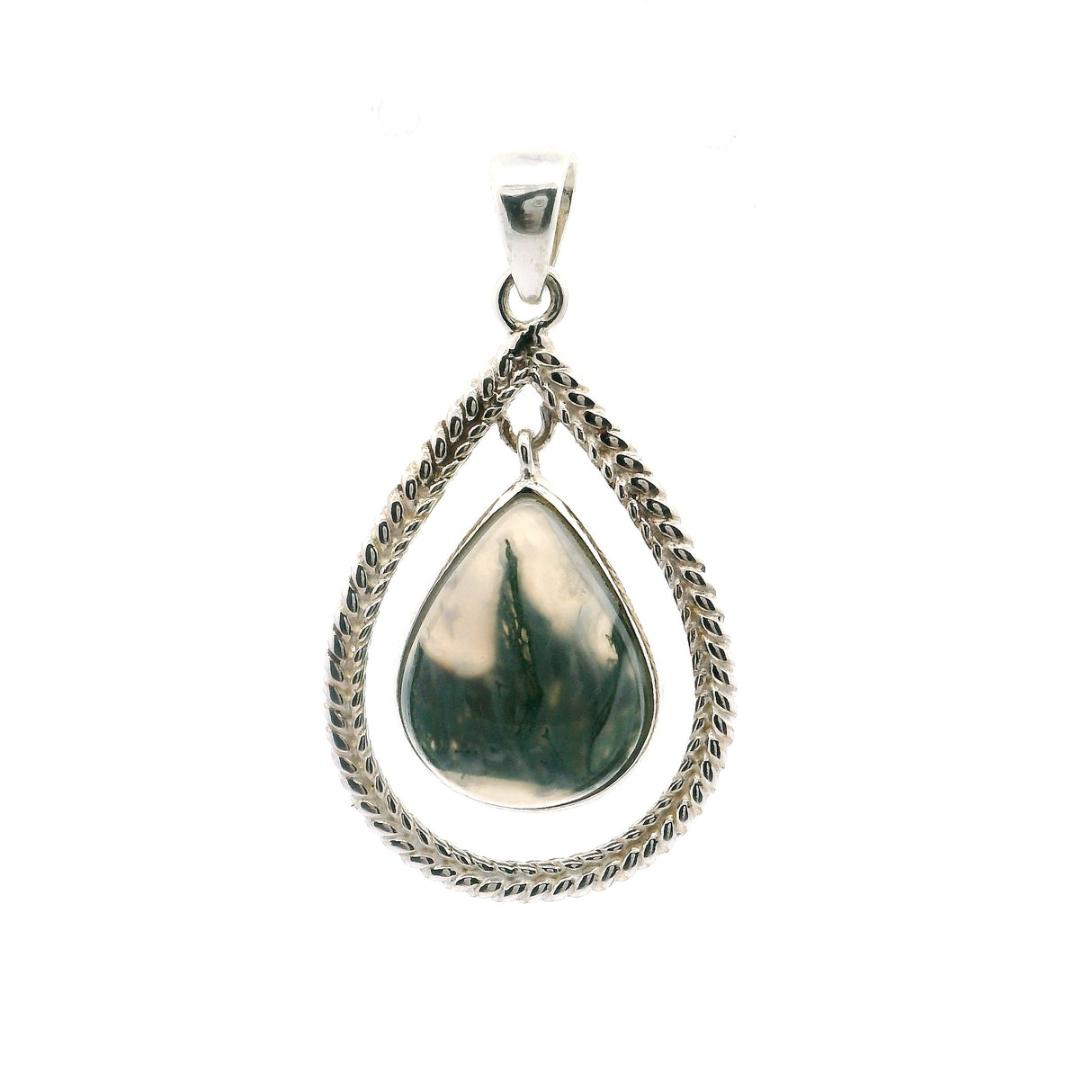 Moss Agate Pear Pendant Danglingin Rope Setting of 925 Sterling Silver