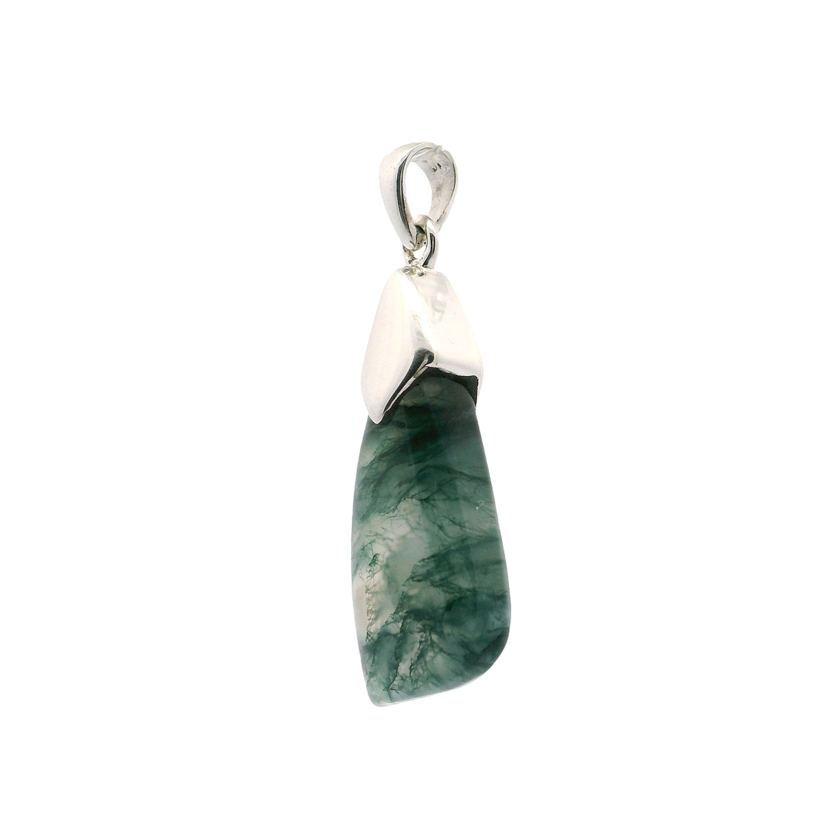 Moss Agate Freeform Pendant in Lantern Setting of 925 Sterling Silver