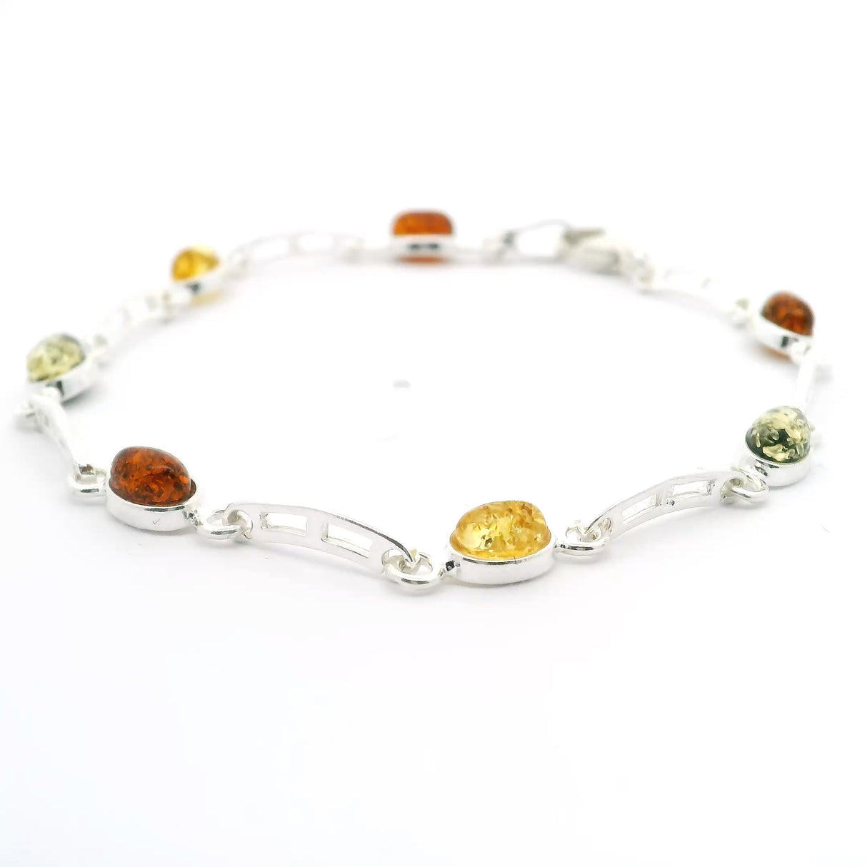 Classic Trio Amber Link Bracelet with Bridge-Design Links Bezel Set in 925 Sterling Silver