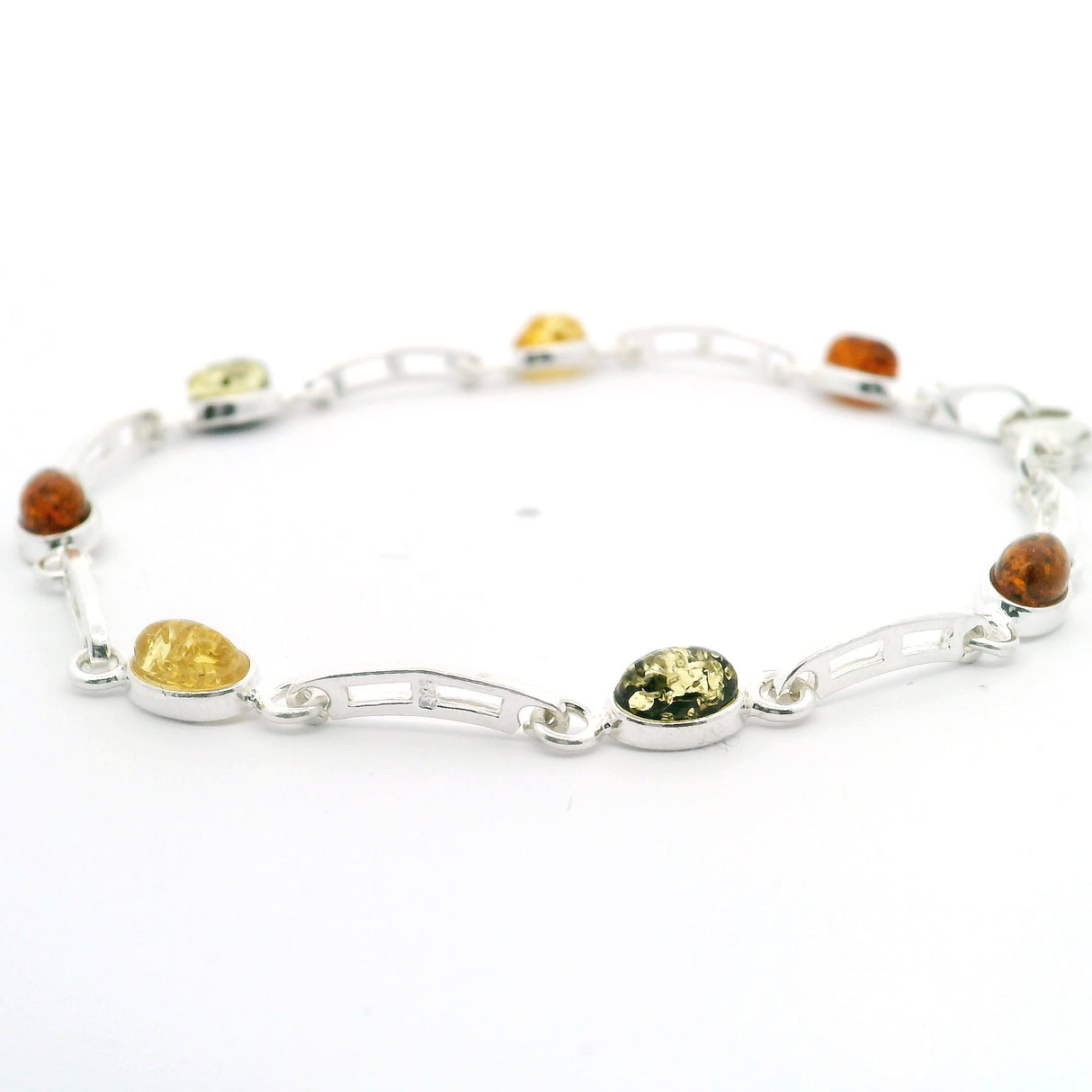 Classic Trio Amber Link Bracelet with Bridge-Design Links Bezel Set in 925 Sterling Silver