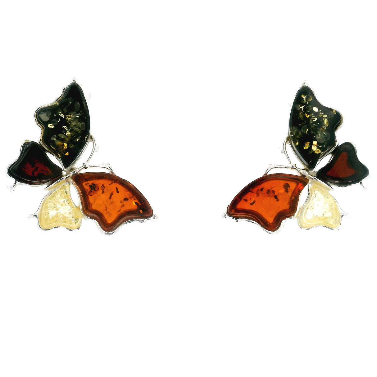 Classic Quad Multicolor Amber Butterfly Stud Earrings Bezel Set in 925 Sterling Silver