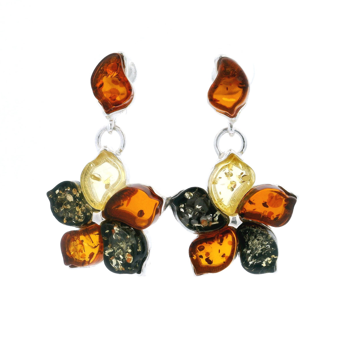 Classic Trio Amber Post-Dangle Earrings - Cherry Blossom Flower in 925 Sterling Silver