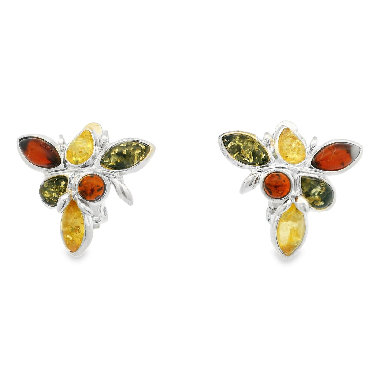 Classic Trio Amber Clip-On Earrings - Cherry/ Green/ Honey Bezel Set in 925 Sterling Silver