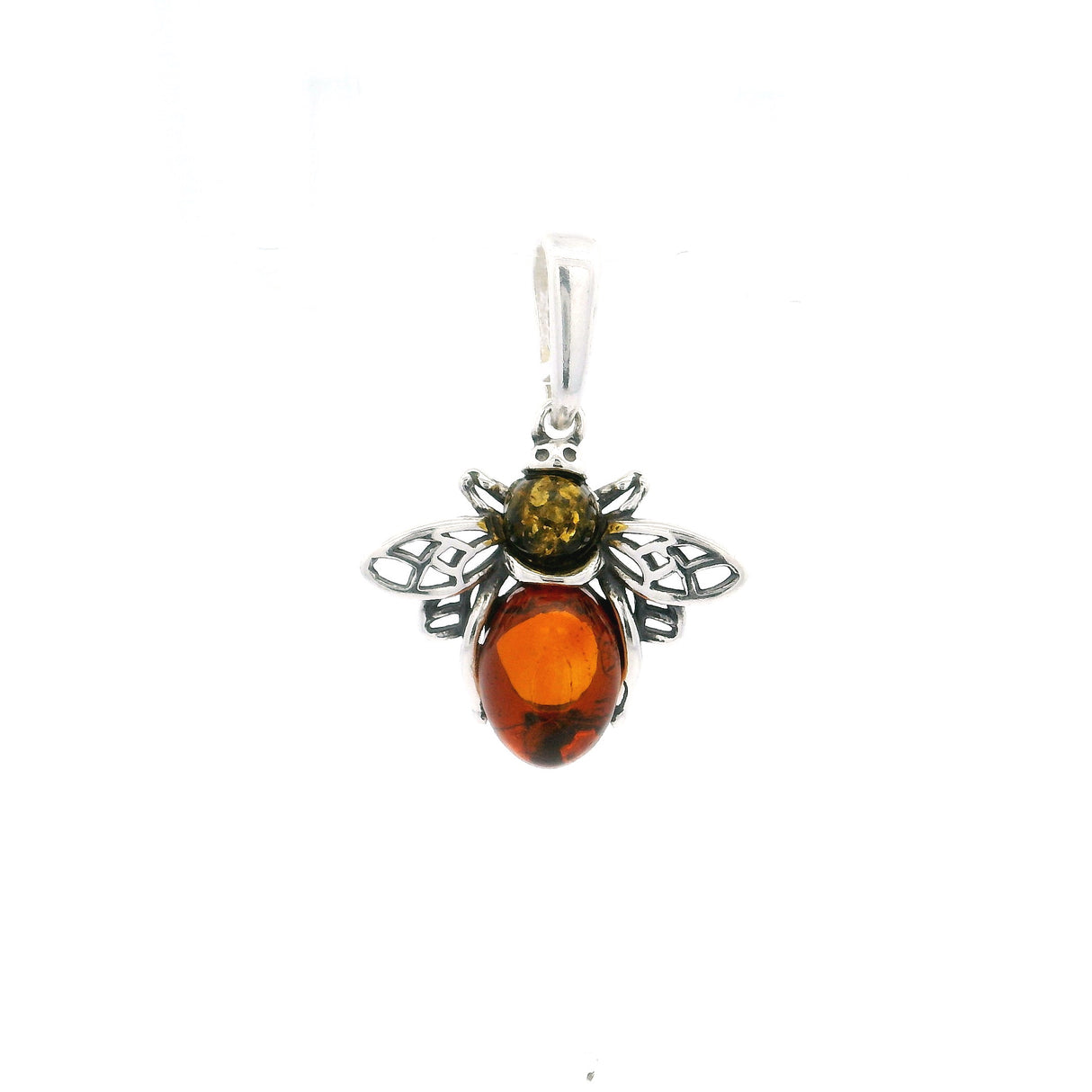Cognac & Green Amber Bee Pendant Bezel Set in 925 Sterling Silver