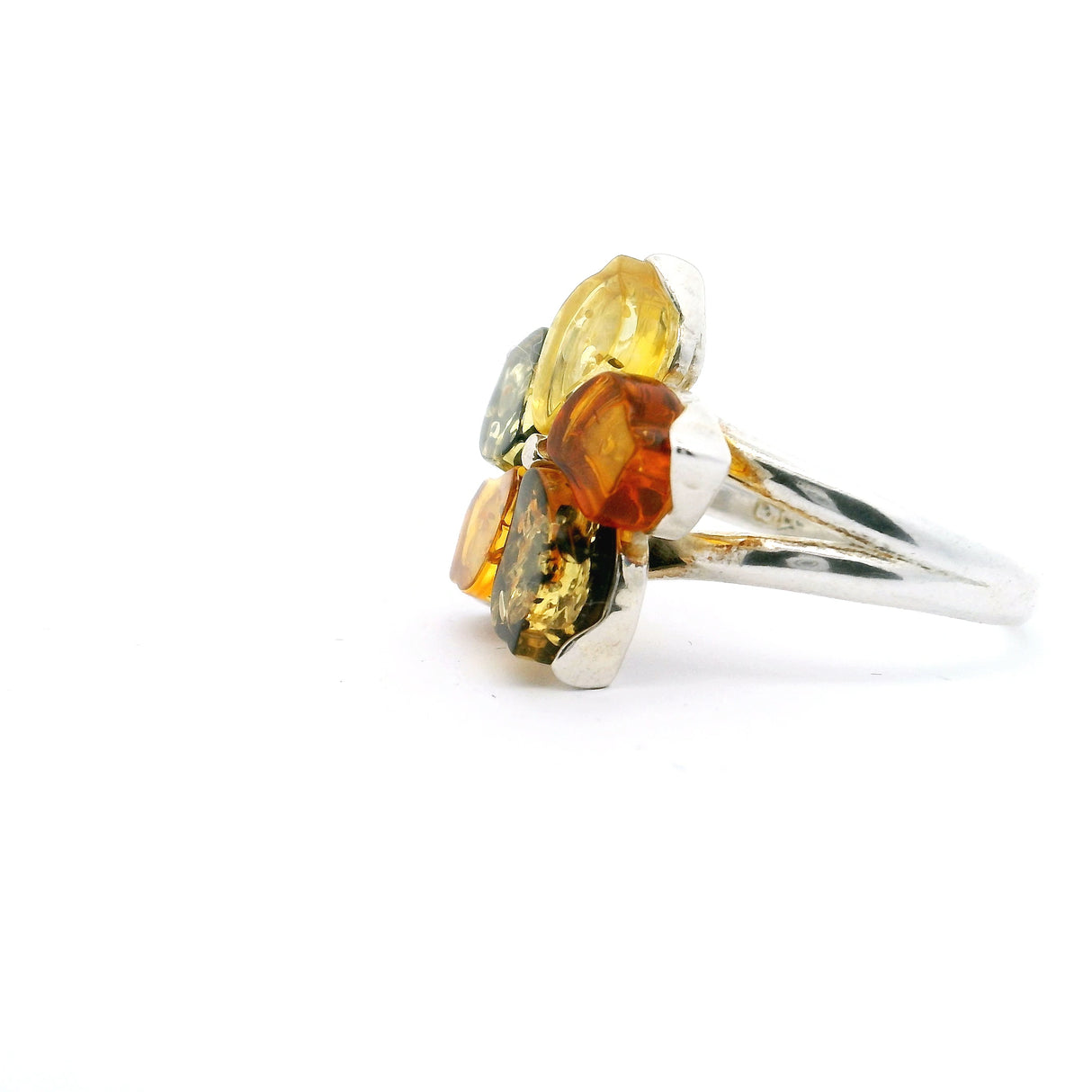 Classic Trio Amber Ring - Cherry Blossom Flower in 925 Sterling Silver