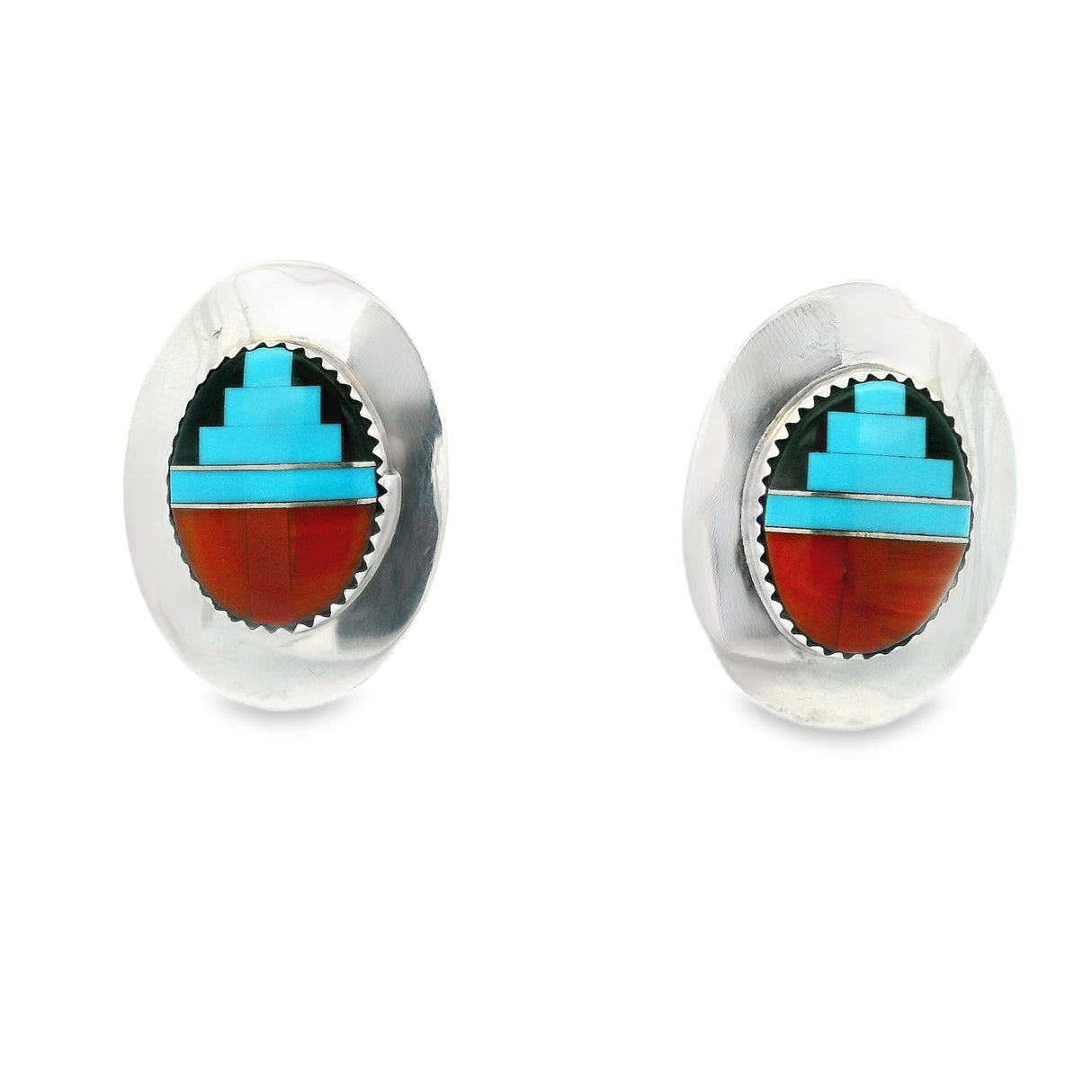 Multicolor Micro Inlay Stud Earrings - Oval With Tq Tower Design Inlay & Triangular Saw Tooth Bezel