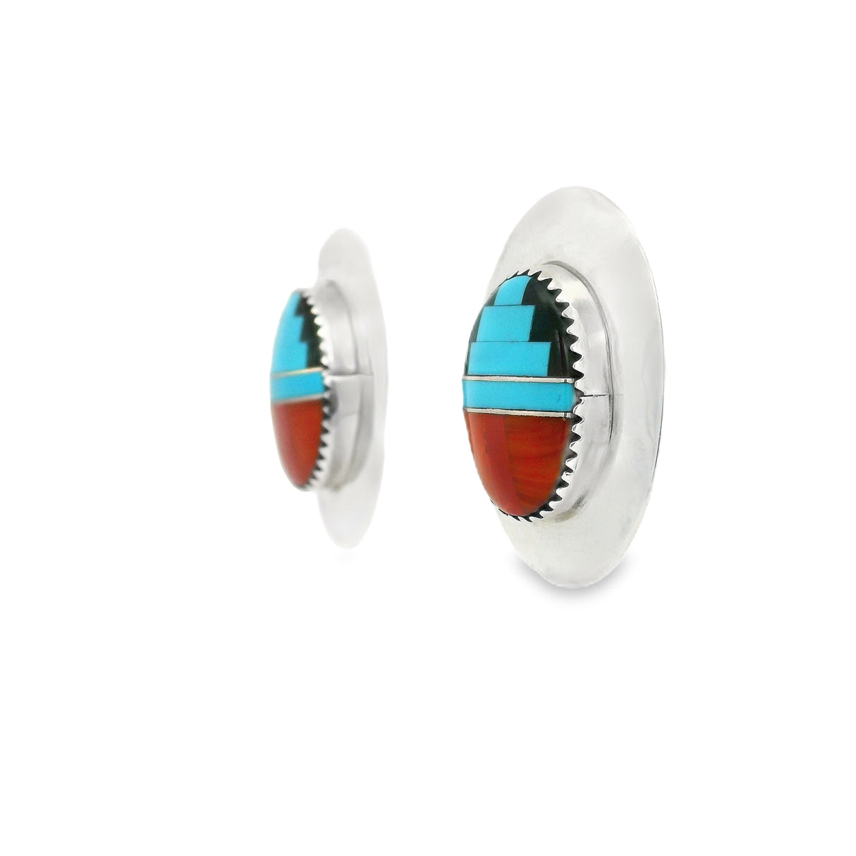 Multicolor Micro Inlay Stud Earrings - Oval With Tq Tower Design Inlay & Triangular Saw Tooth Bezel