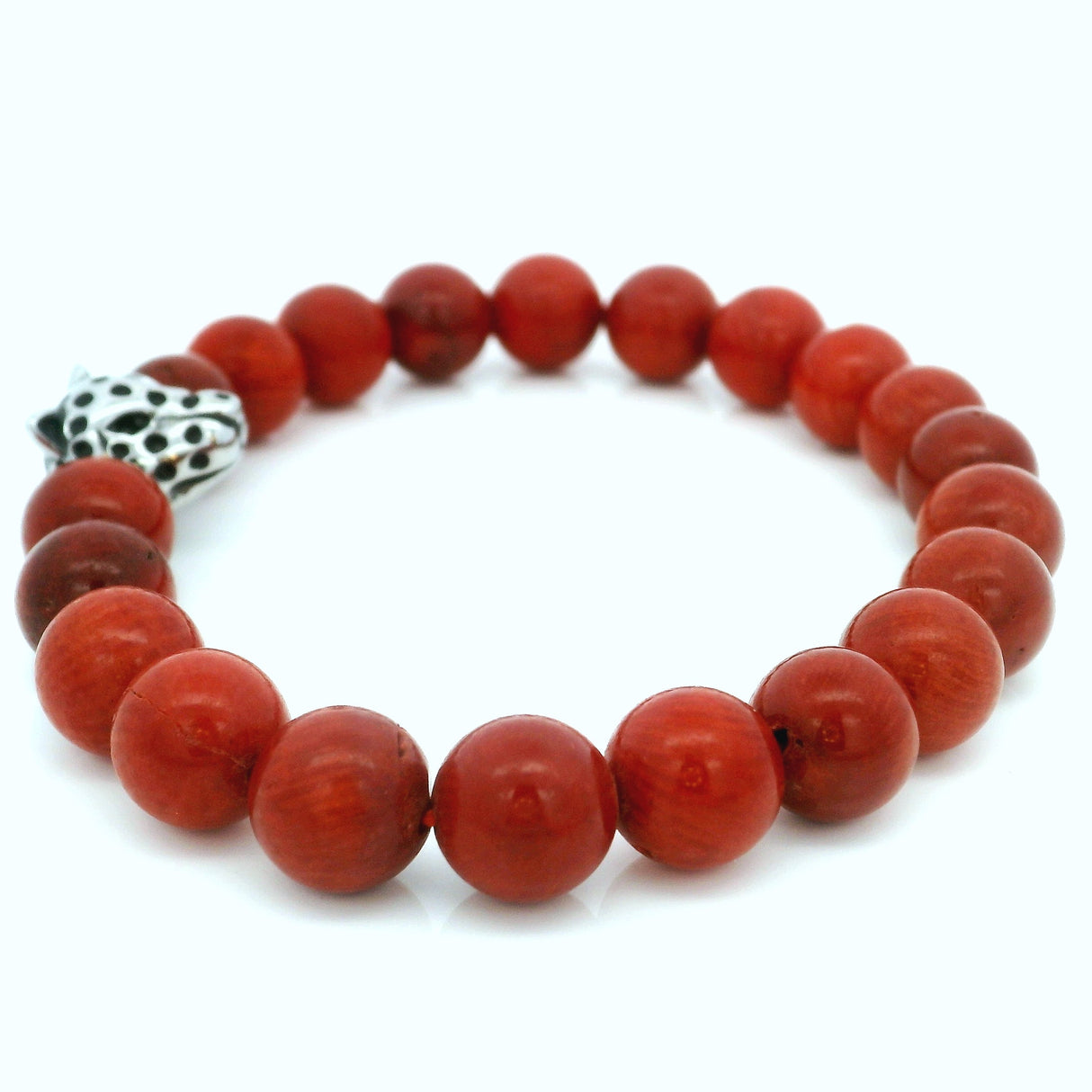 10mm Red Coral Beaded Bracelet with Leopard Head Bead Accent