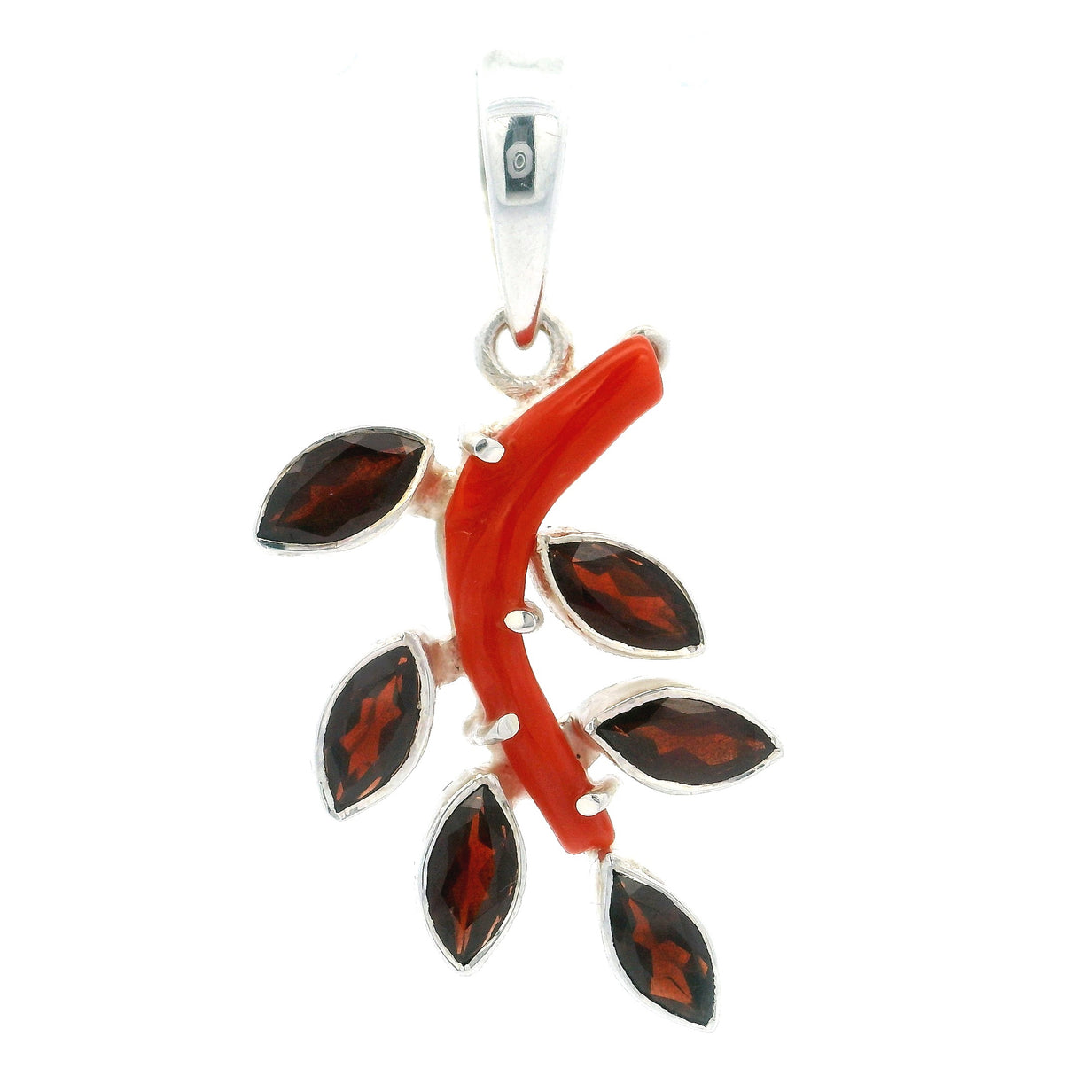 Mediterranean Coral Pendant - Prong Set Curved Coral Branch With 6 Faceted Garnet Sharp Oval "Leaves" With Silver Bezels