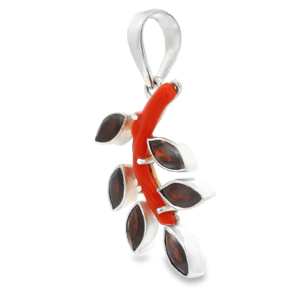 Mediterranean Coral Pendant - Prong Set Curved Coral Branch With 6 Faceted Garnet Sharp Oval "Leaves" With Silver Bezels
