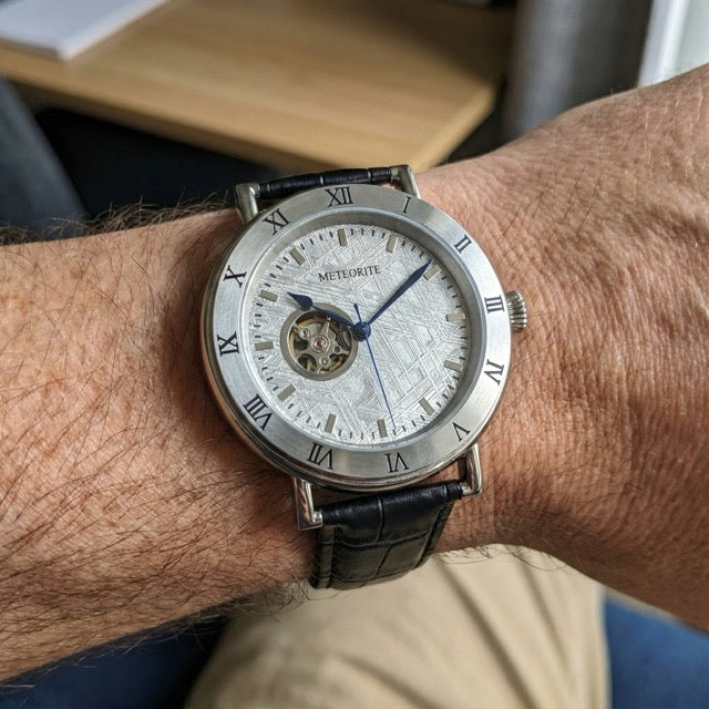 Muonionalusta Meteorite Watch - Miyota Movement with Black Leather Band and Clear IP Plating - Roman Numeral Time Stamps
