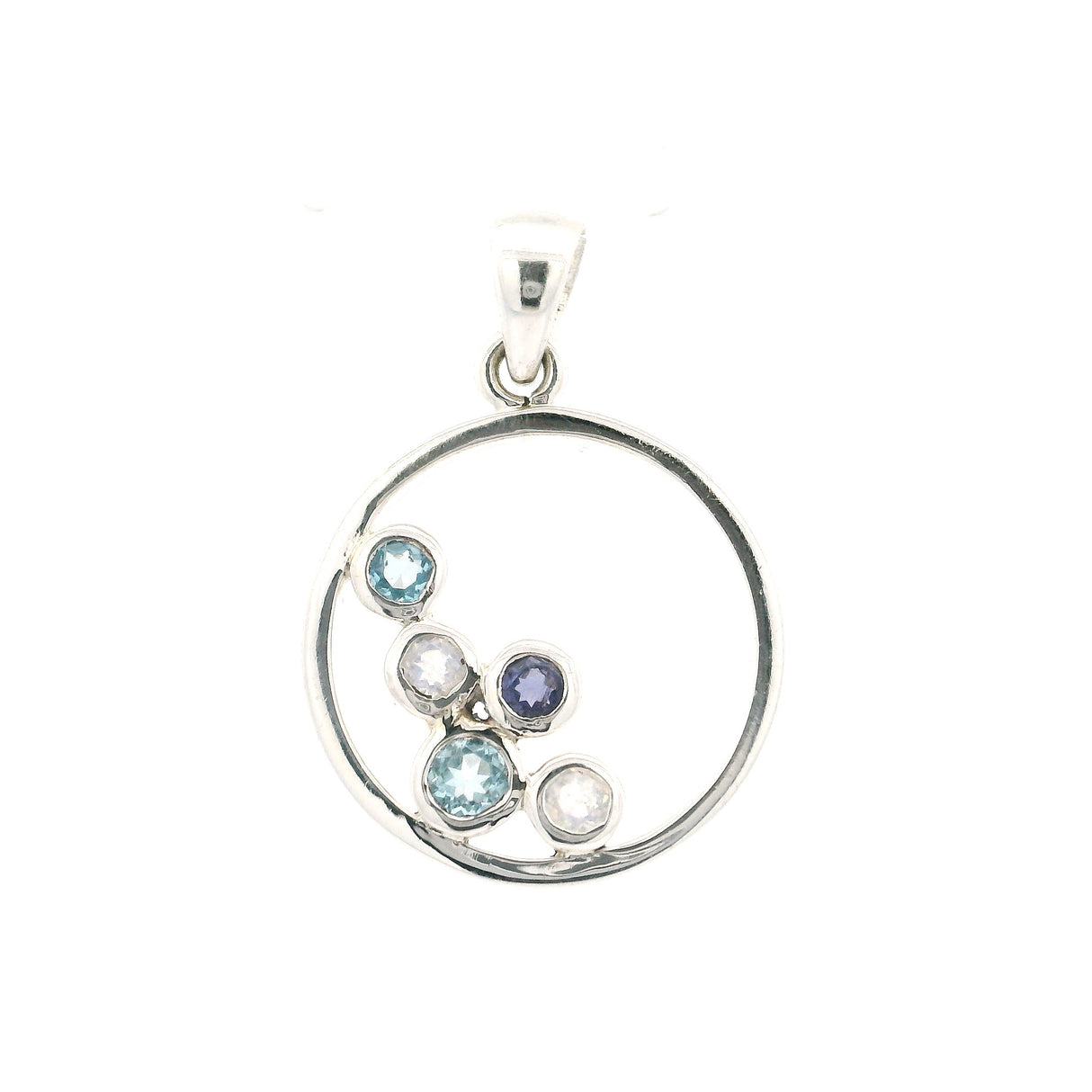 Multi Gemstone Circle Pendant with Gems Bezel Set to One Side in 925 Sterling Silver