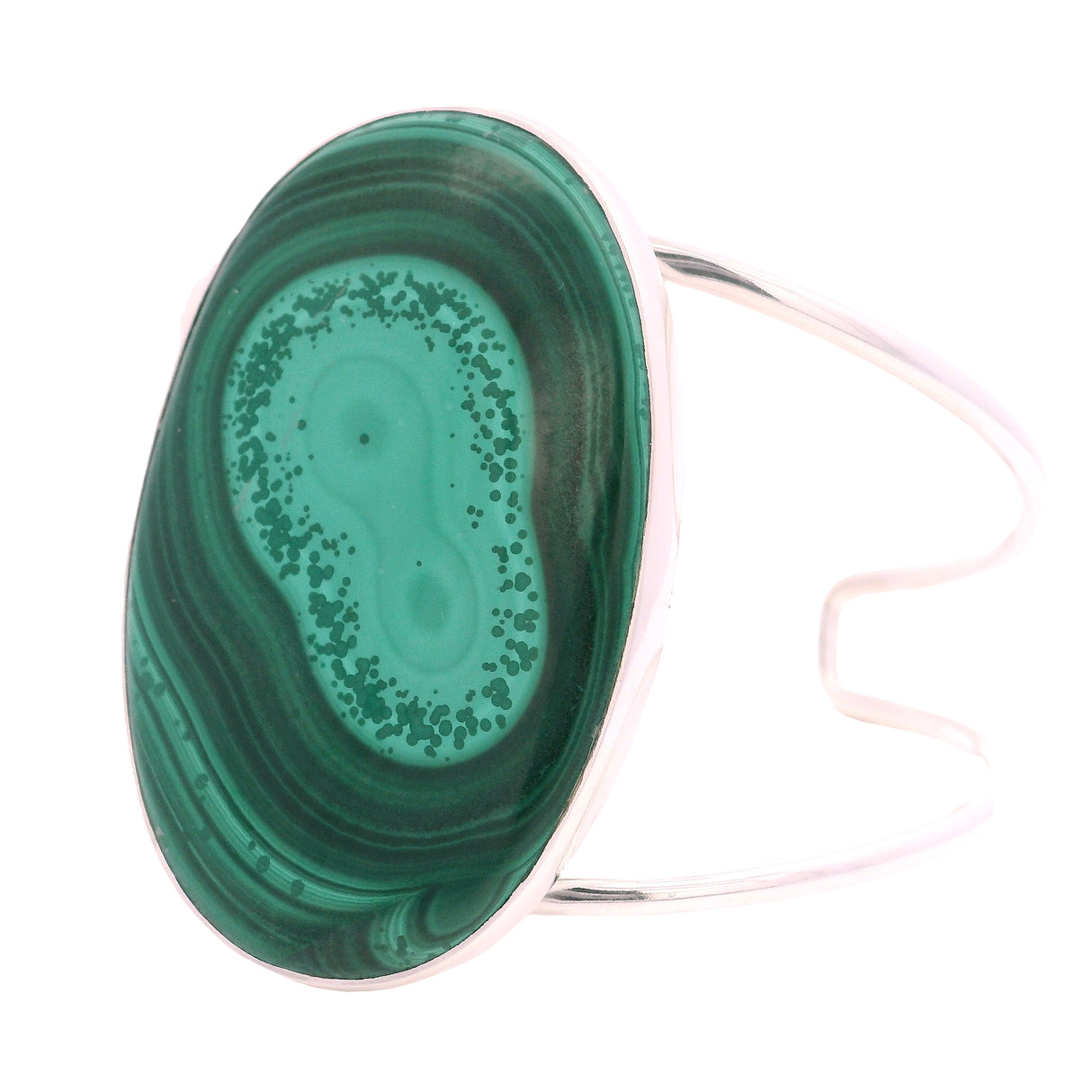 Malachite Cabochon Classic Large Double Row Open Back Silver Cuff - Simple Bezel Set - Oval