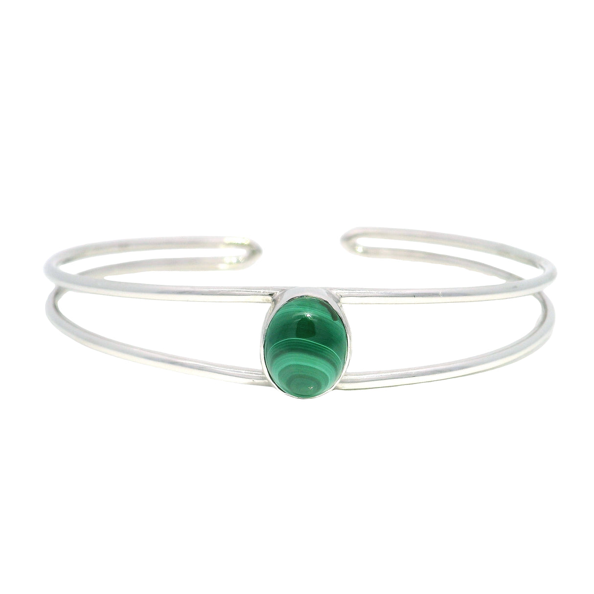 Malachite Cabochon Classic Mini Double Row Open Back on Rhodium Overlay Cuff - Oval
