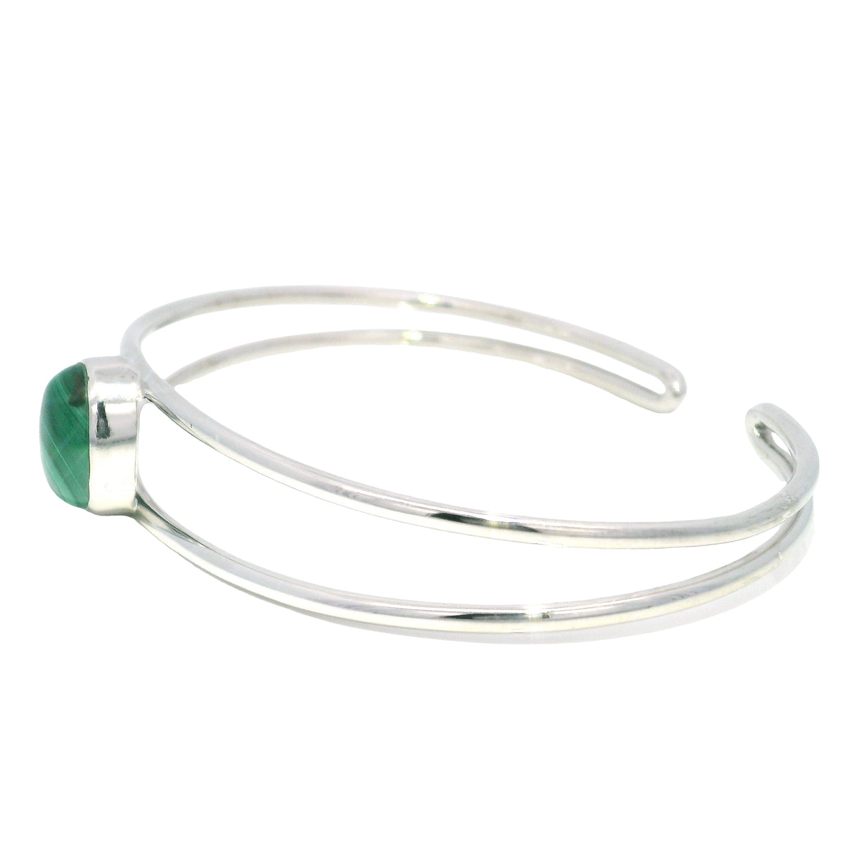 Malachite Cabochon Classic Mini Double Row Open Back on Rhodium Overlay Cuff - Oval