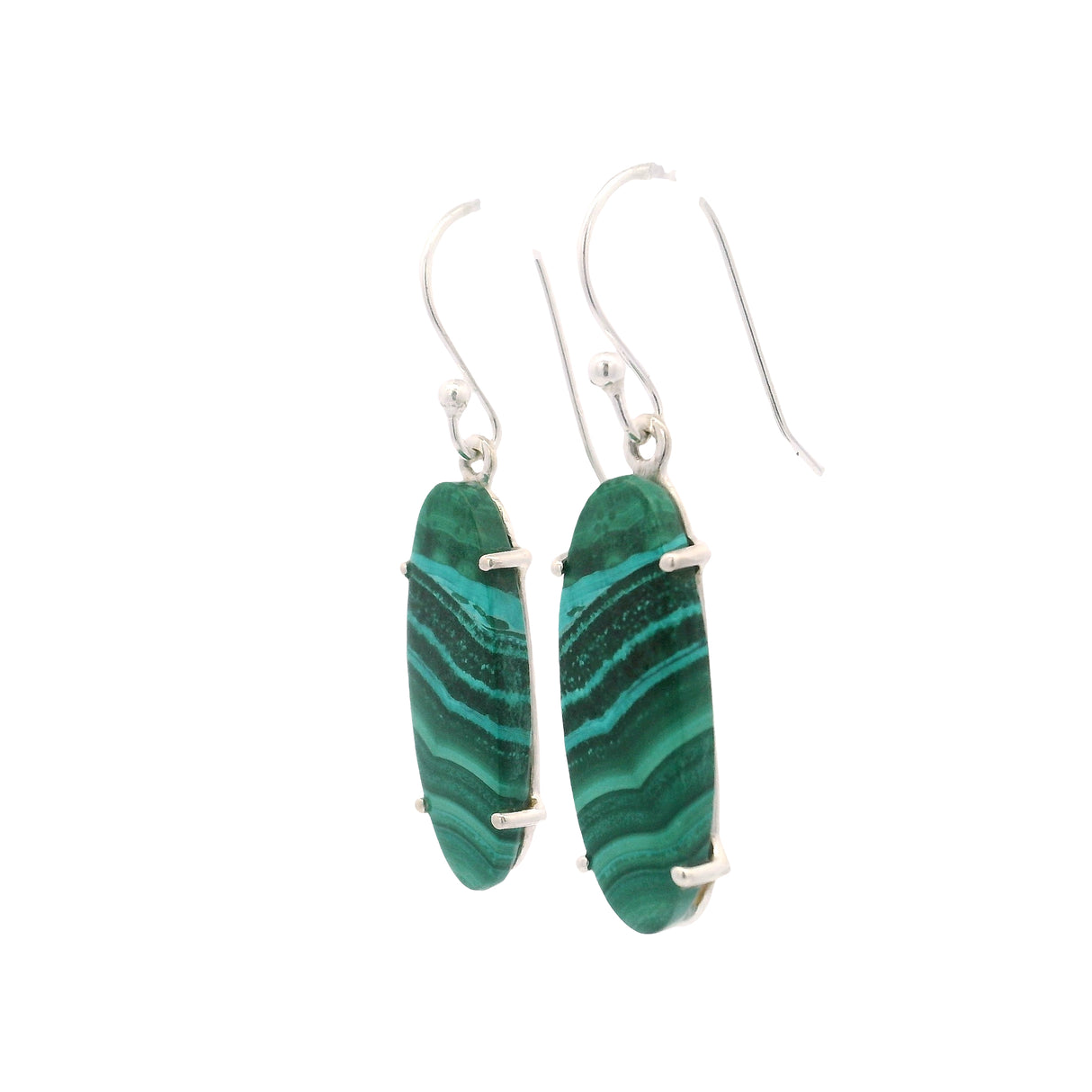 Malachite Elongated Oval Flat Dangle Earrings Prong Set