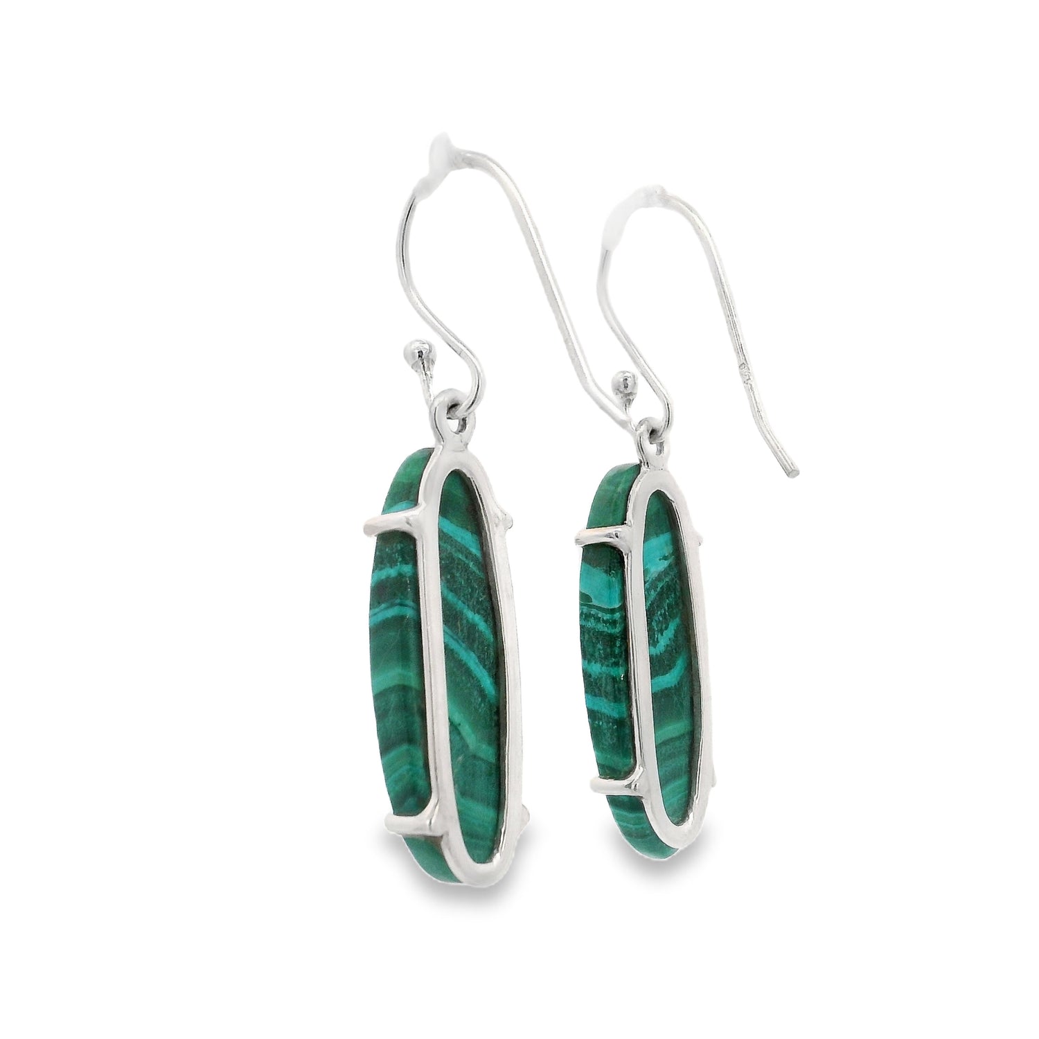 Malachite Elongated Oval Flat Dangle Earrings Prong Set
