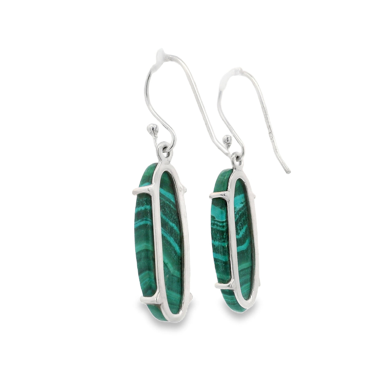 Malachite Elongated Oval Flat Dangle Earrings Prong Set