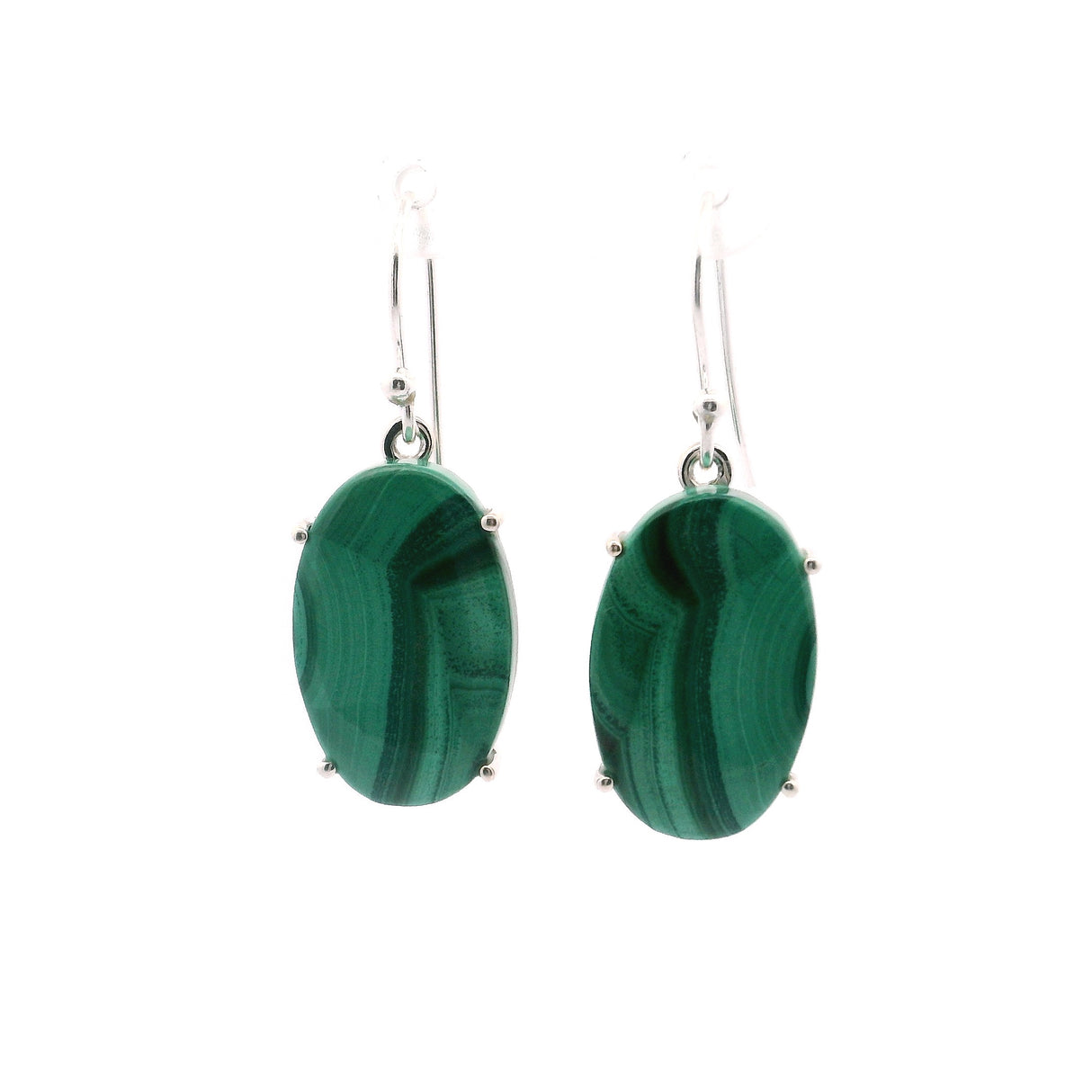 Malachite Oval Dangle Flat Earrings Prong Set