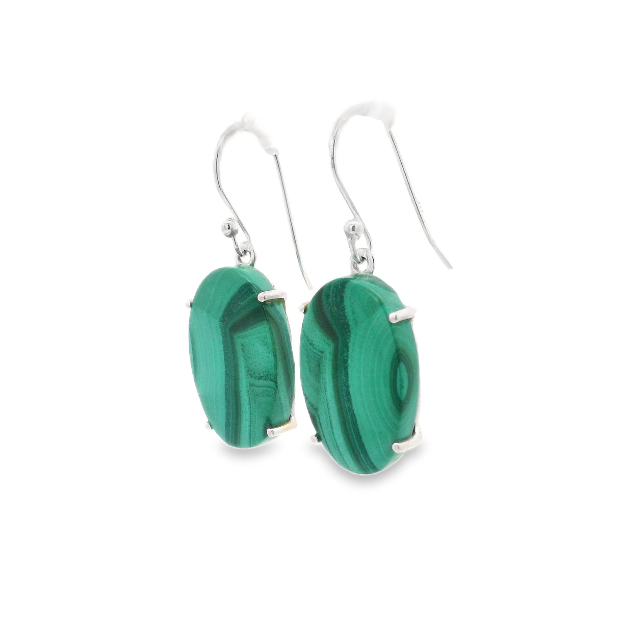 Malachite Oval Dangle Flat Earrings Prong Set