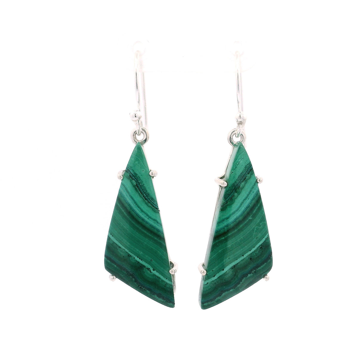 Malachite Triangular Flat Dangle Earrings Prong Set with Chrysocolla