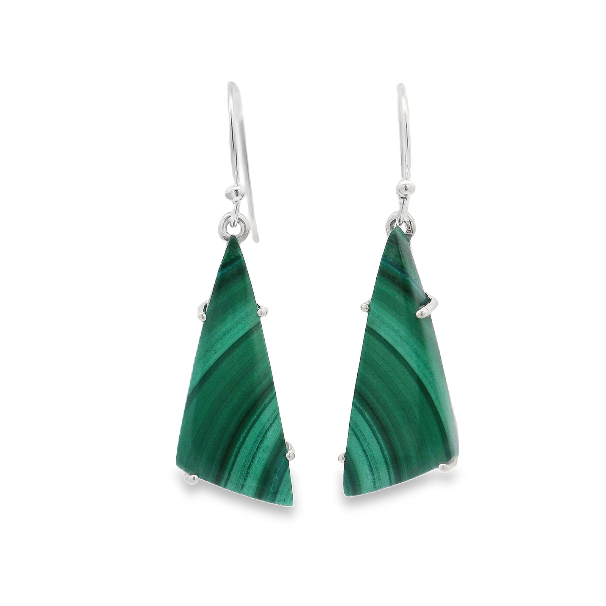 Malachite Triangular Flat Dangle Earrings Prong Set with Radial Pattern