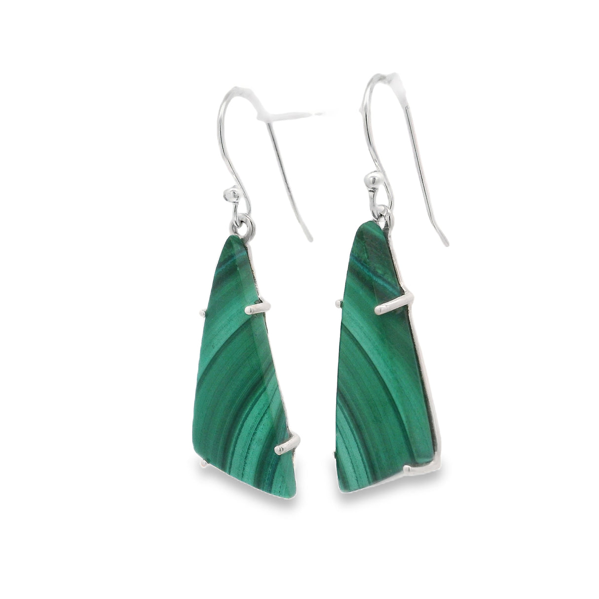 Malachite Triangular Flat Dangle Earrings Prong Set with Radial Pattern