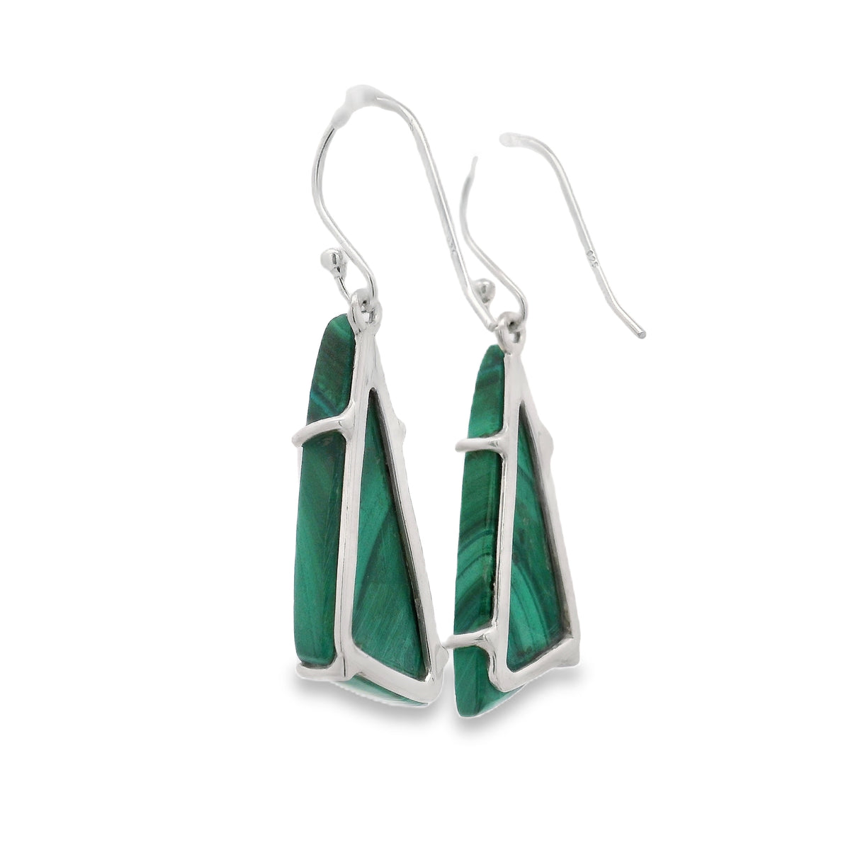 Malachite Triangular Flat Dangle Earrings Prong Set with Radial Pattern