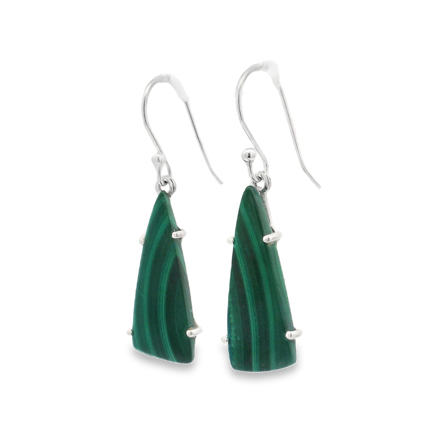 Malachite Triangular Flat Dangle Earrings Prong Set