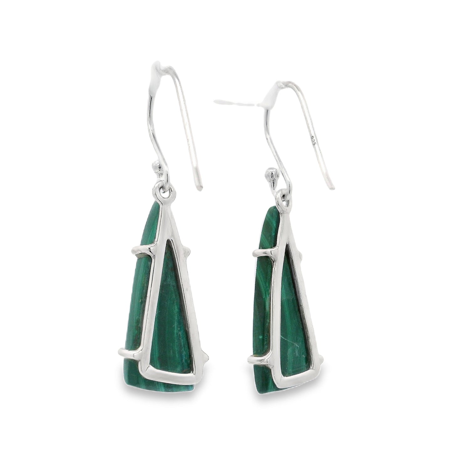 Malachite Triangular Flat Dangle Earrings Prong Set