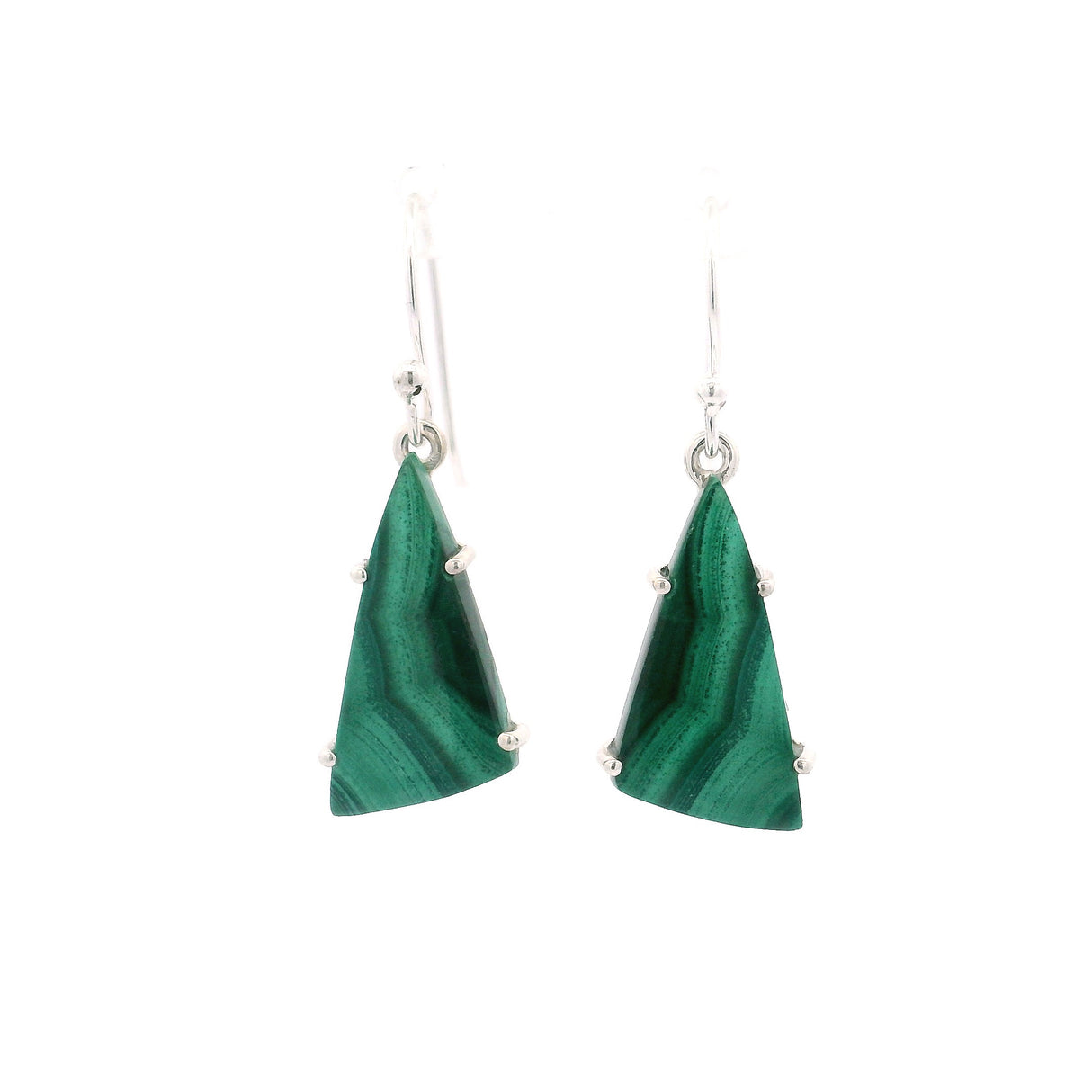 Malachite Triangular Flat Dangle Earrings Prong Set with Fortified Patterns