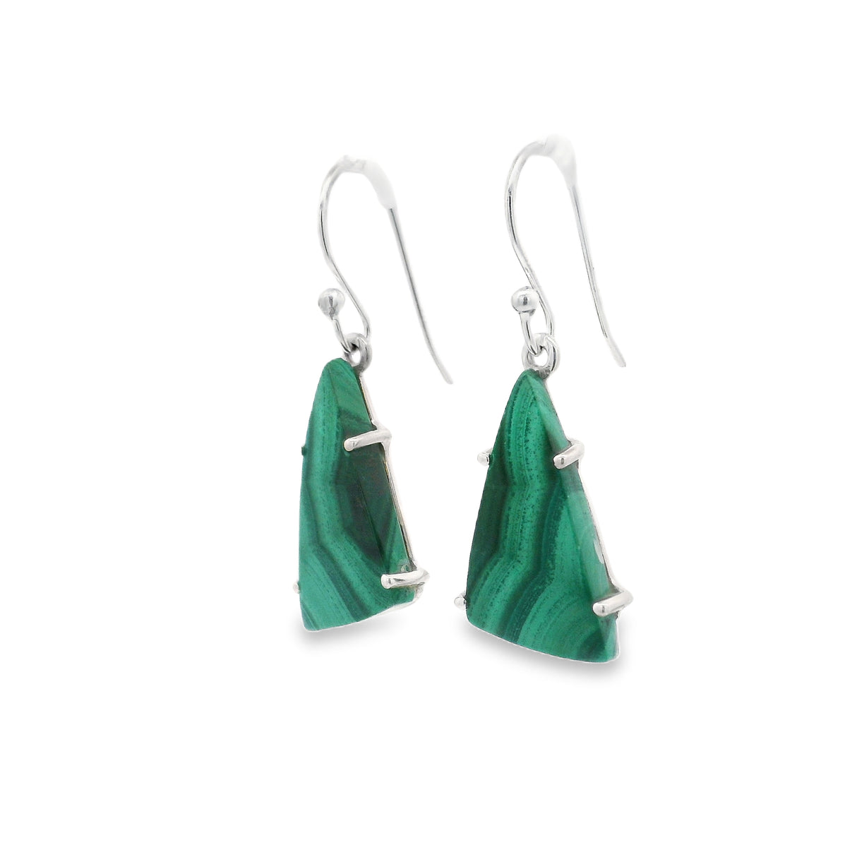 Malachite Triangular Flat Dangle Earrings Prong Set with Fortified Patterns