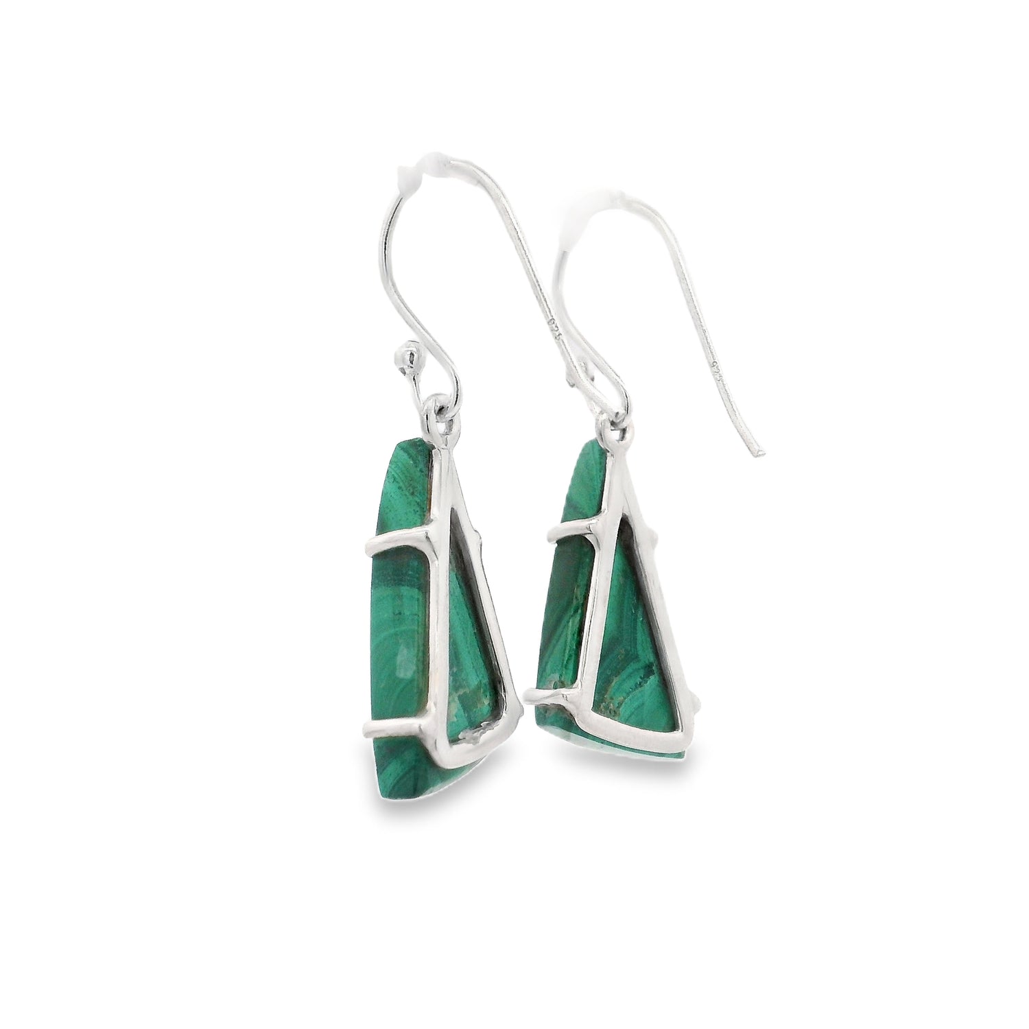 Malachite Triangular Flat Dangle Earrings Prong Set with Fortified Patterns